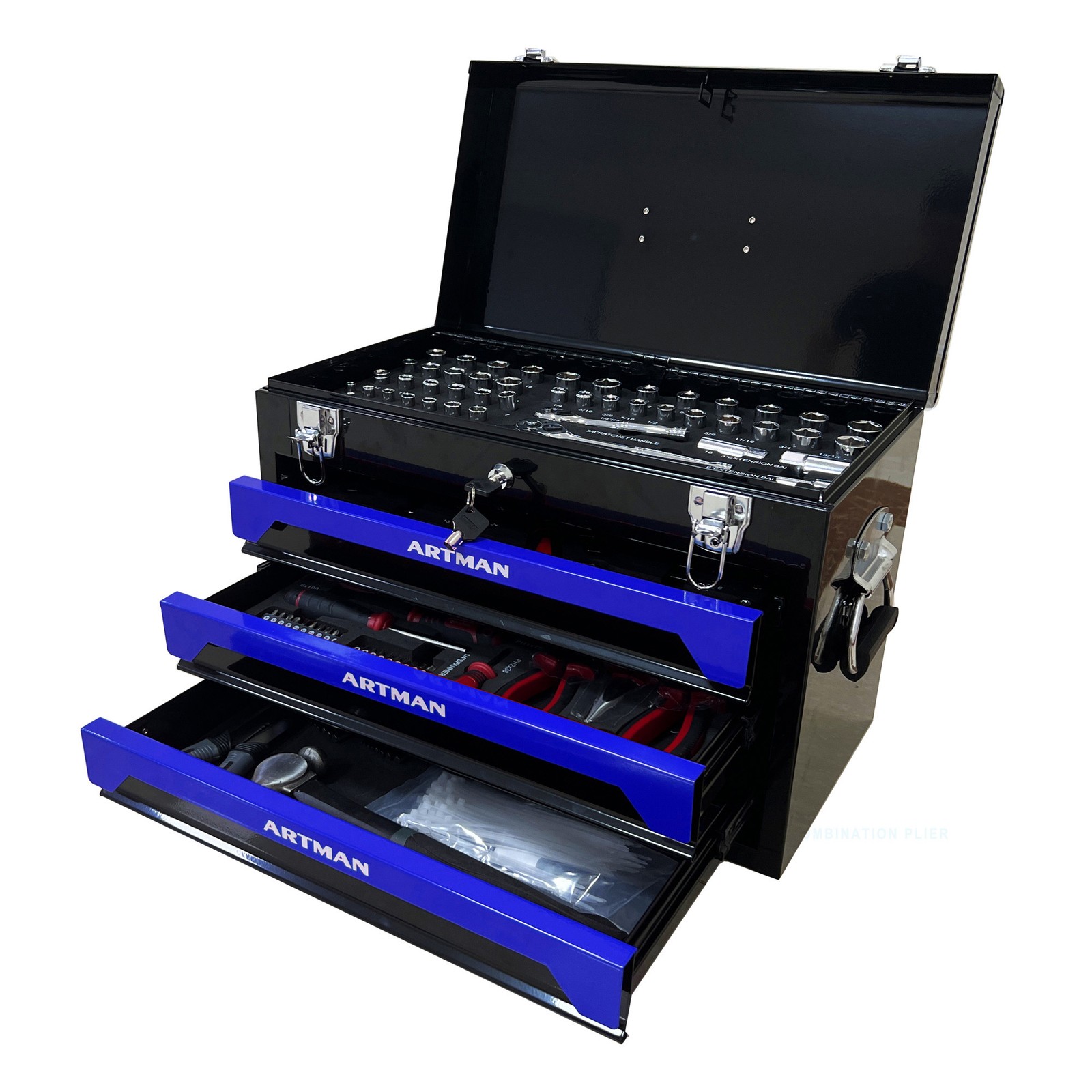 20″ Portable Steel 3-Drawer Toolbox with Latches Top Tray& Handle Garage Storage