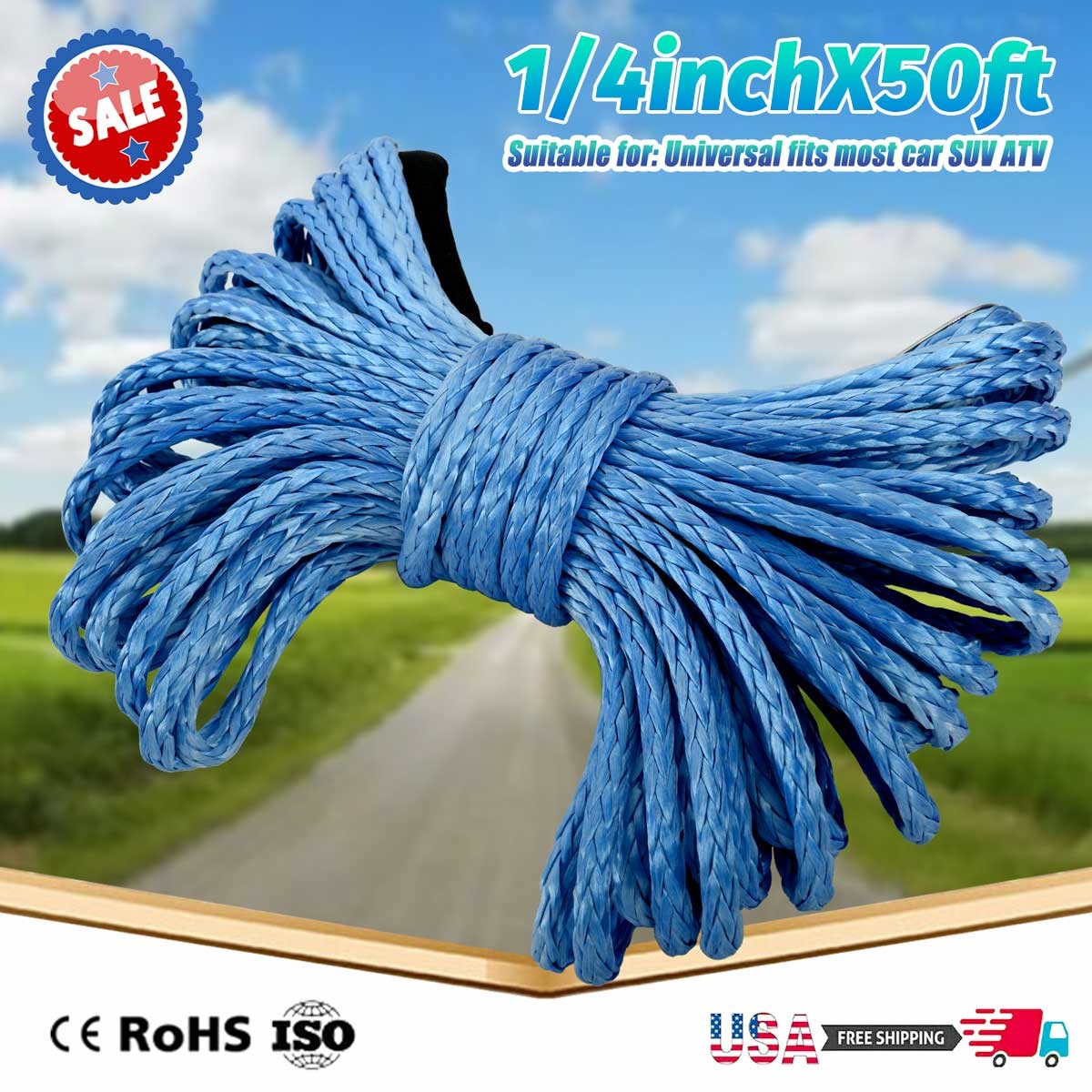 1/4″x50′ 10000LBS Synthetic Winch Rope Line Recovery Cable 4WD ATV UTV Sheath DP