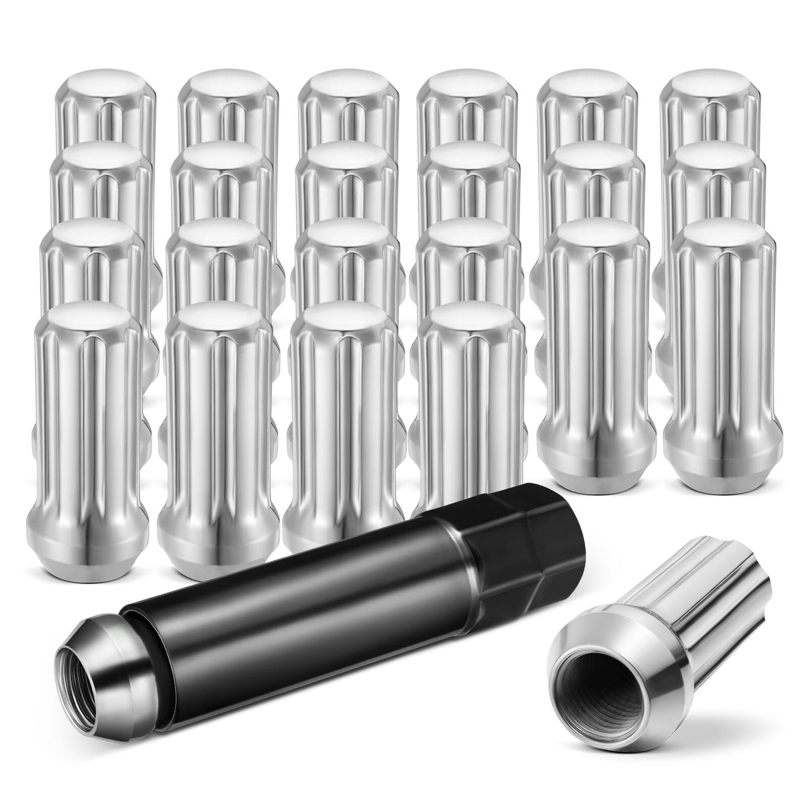24x Epoch Spline Lug Nut with Key Chrome 14mmx1.5 2″ Tall M14x1.5 Super Duty