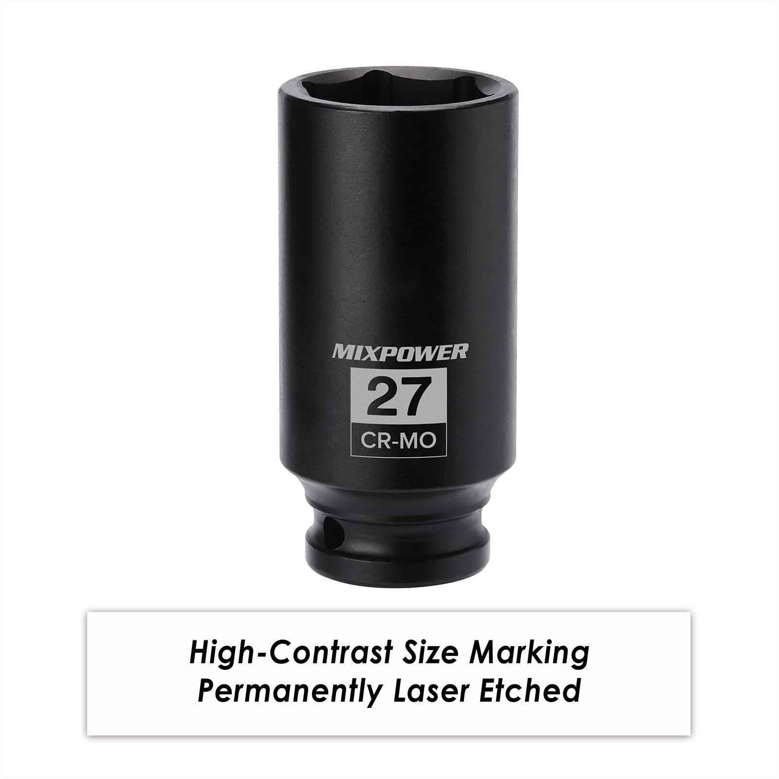 1/2″ Dr. x 27 mm Deep 6 PT Impact Socket, CR-MO, 1/2-inch Drive 27mm
