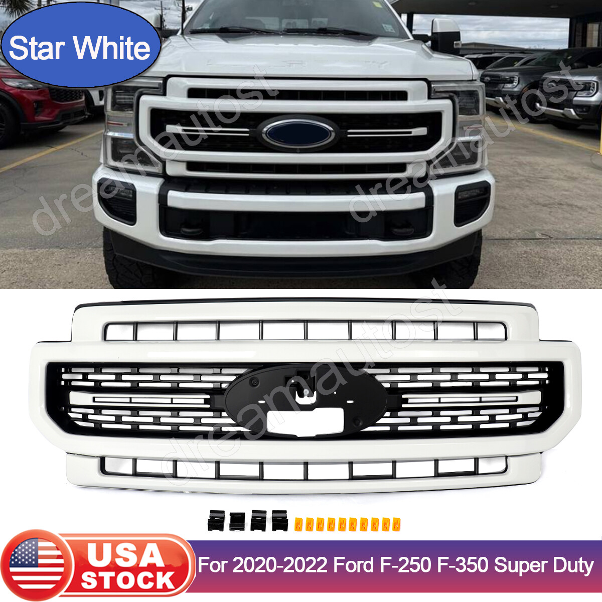 Star White Front Grille Assembly For 2020-2022 Ford F250 F350 Lariat Super Duty
