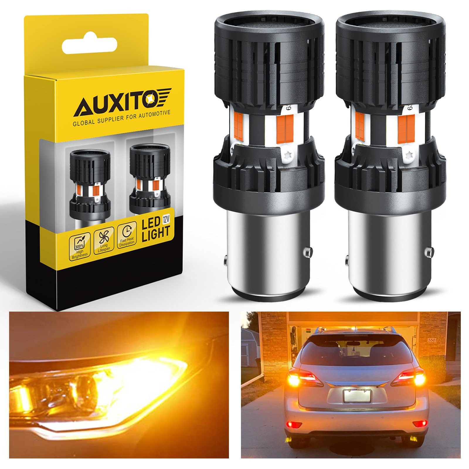 AUXITO 1157 Amber LED Turn Signal Light Super Bright Bulbs Anti CANBUS Hyper 2x