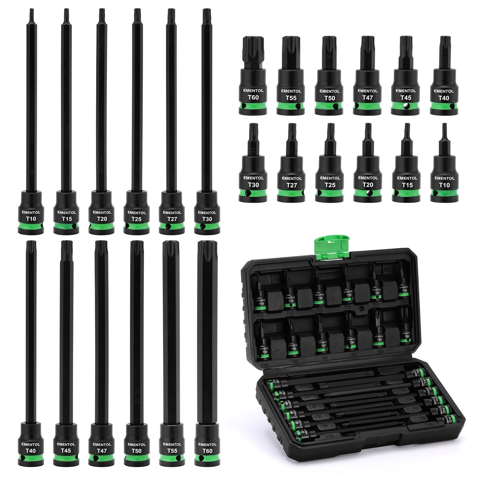24PCS Extra Long Torx Bit Socket Set 3/8″ Drive T10-T60, Cr-V & S2 Steel