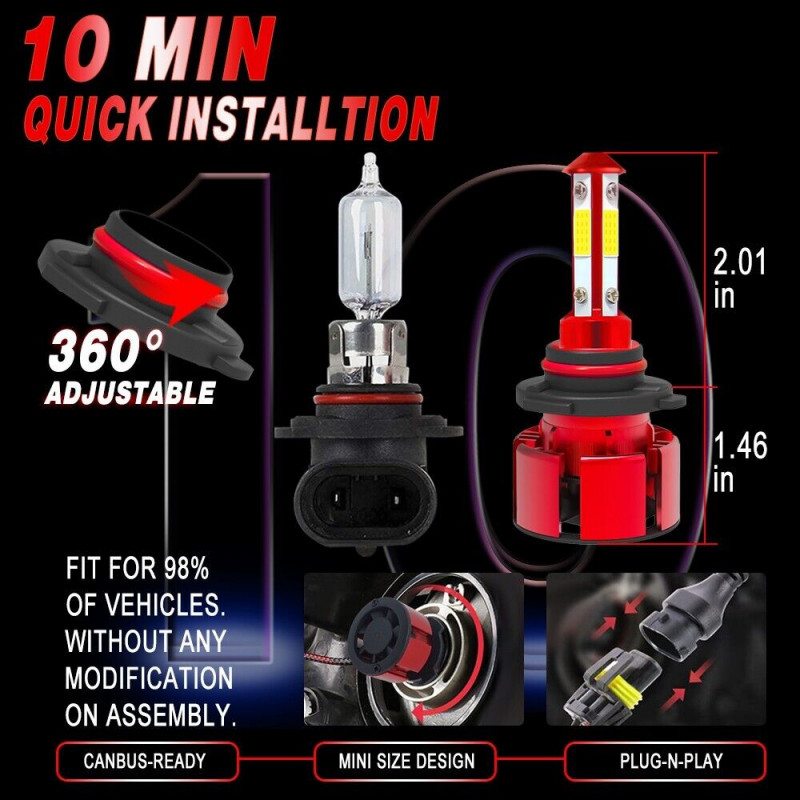 4Side 9005 HB3 LED Headlight Super Bright Bulbs Kit 360000LM HIGH/LOW Beam 6000K