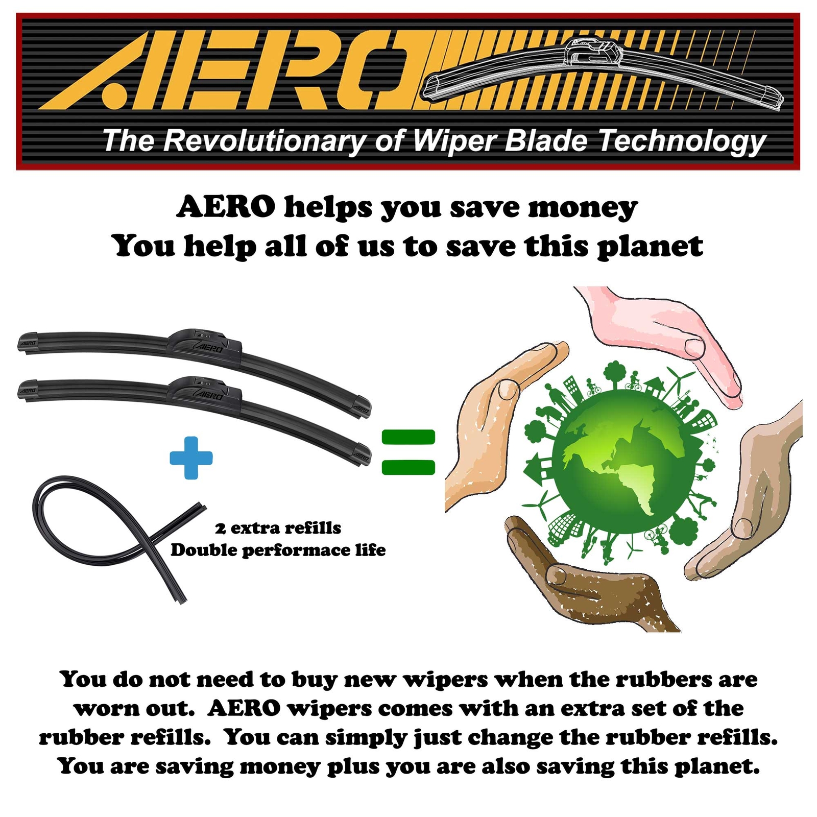 AERO 22″+20″ OEM Quality Beam Windshield Wiper Blades + Extra Refills (Set of 2)