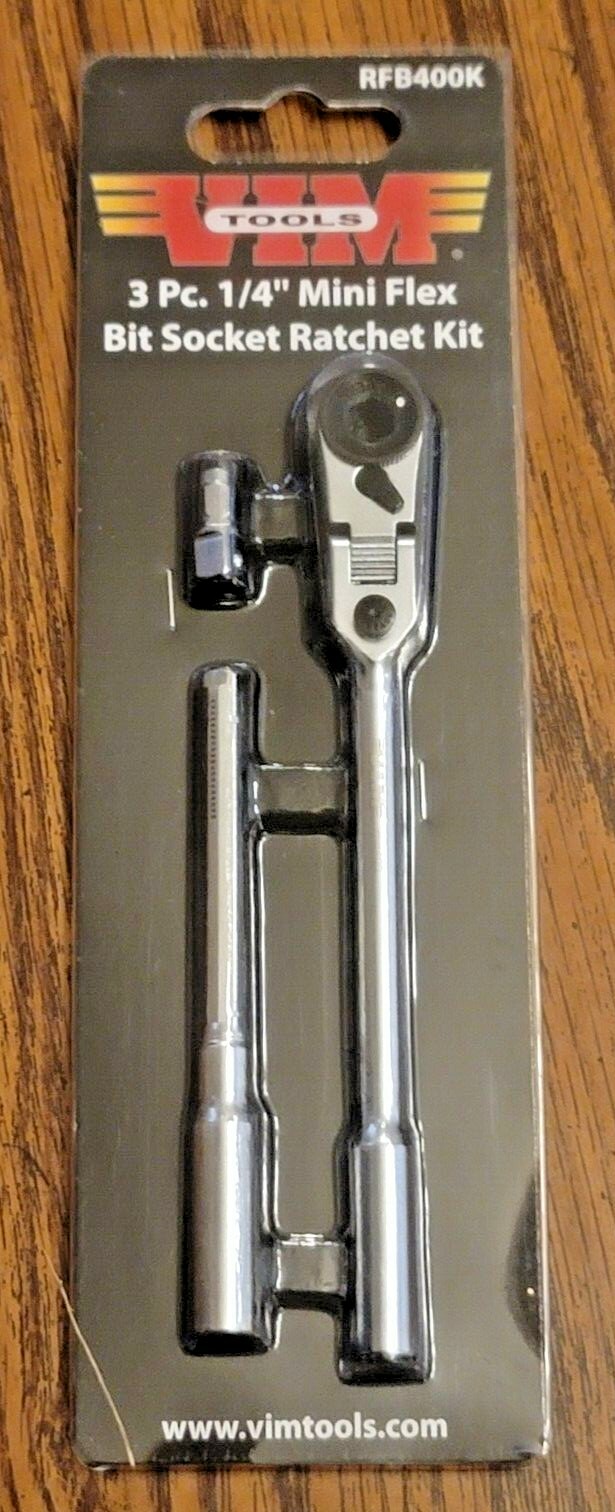 VIM Tools 3-Way 1/4″ Hex Long Handle locking Flex Head Ratchet/T-Handle #RFB400K