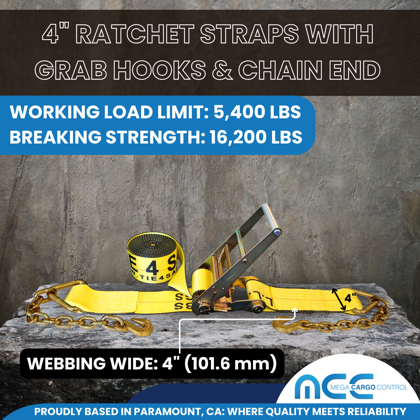 2 Pack USA 4″ x30′ Ratchet Strap W/Chain Extension Flatbed Truck Tie Down Yellow