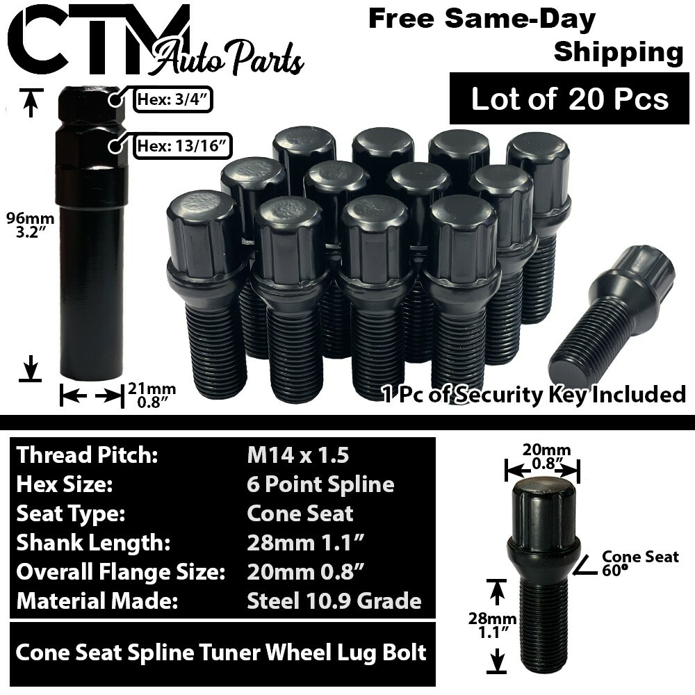 20x Black 14×1.5 Spline Tuner Lug Bolt 28mm Shank Fit Mercedes Aftermarket Wheel
