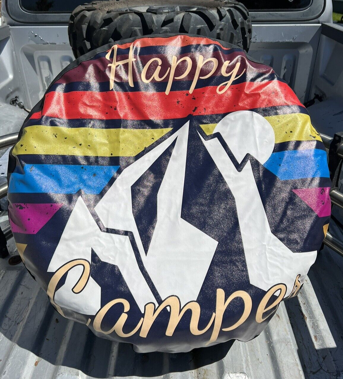 25″-27″ RV Camper or Trailer SPARE Tire Cover, Weather Protector Happy Camper