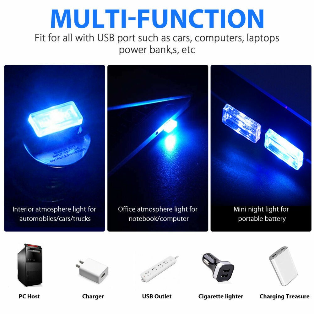 4× Car Blue Atmosphere Ambient Mini LED USB Light Car Interior Lamps Universal