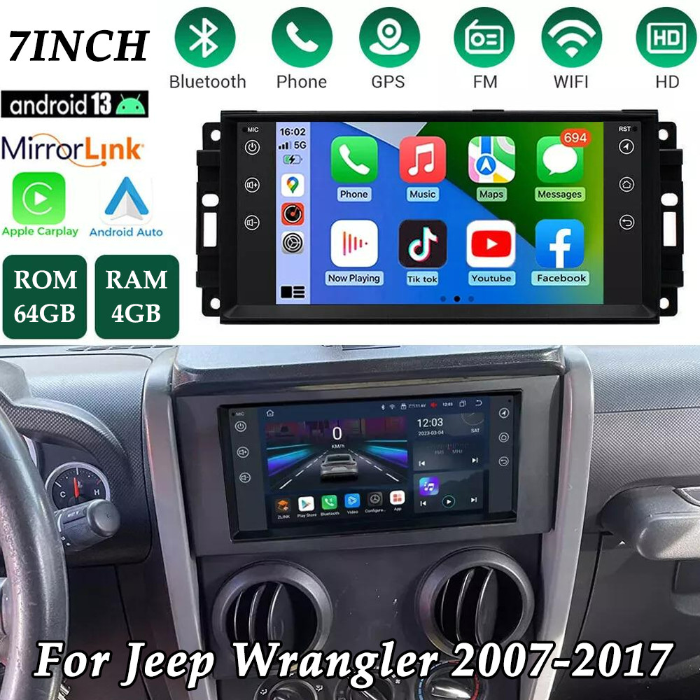 For Jeep Wrangler 2007-2017 Car Radio Stereo Apple CarPlay Android 13 GPS BT 7”