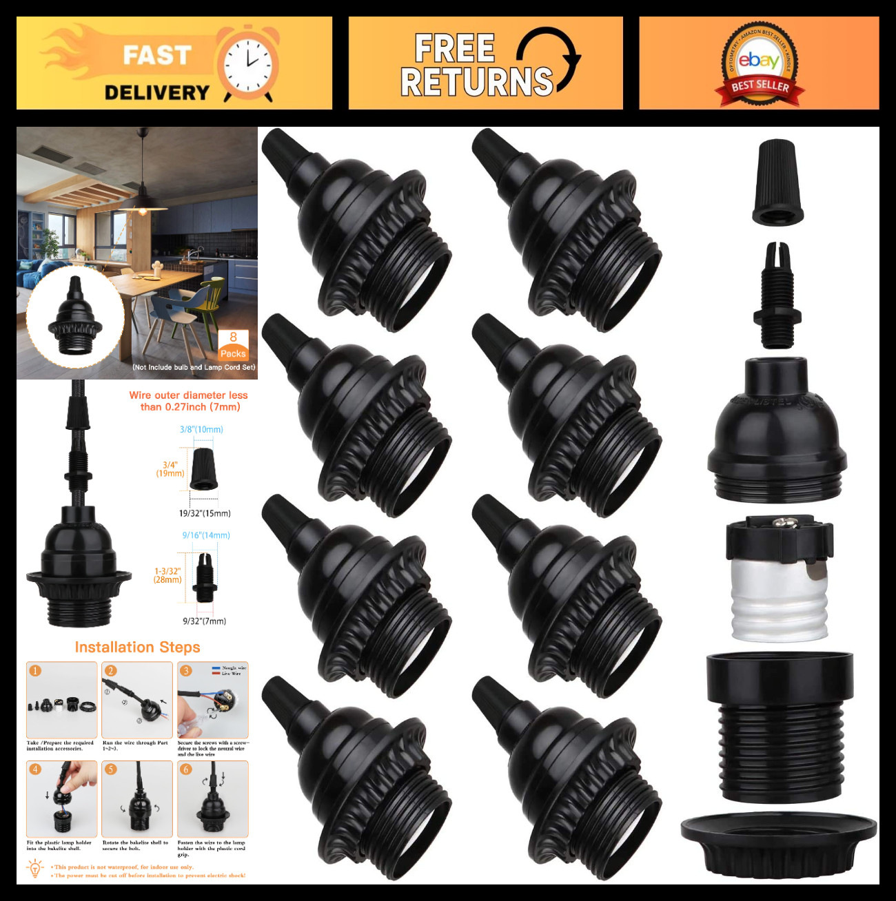 8 Pack E26 E27 Light Sockets – Black Screw Base, Retro Edison Lamp Holder, DIY P