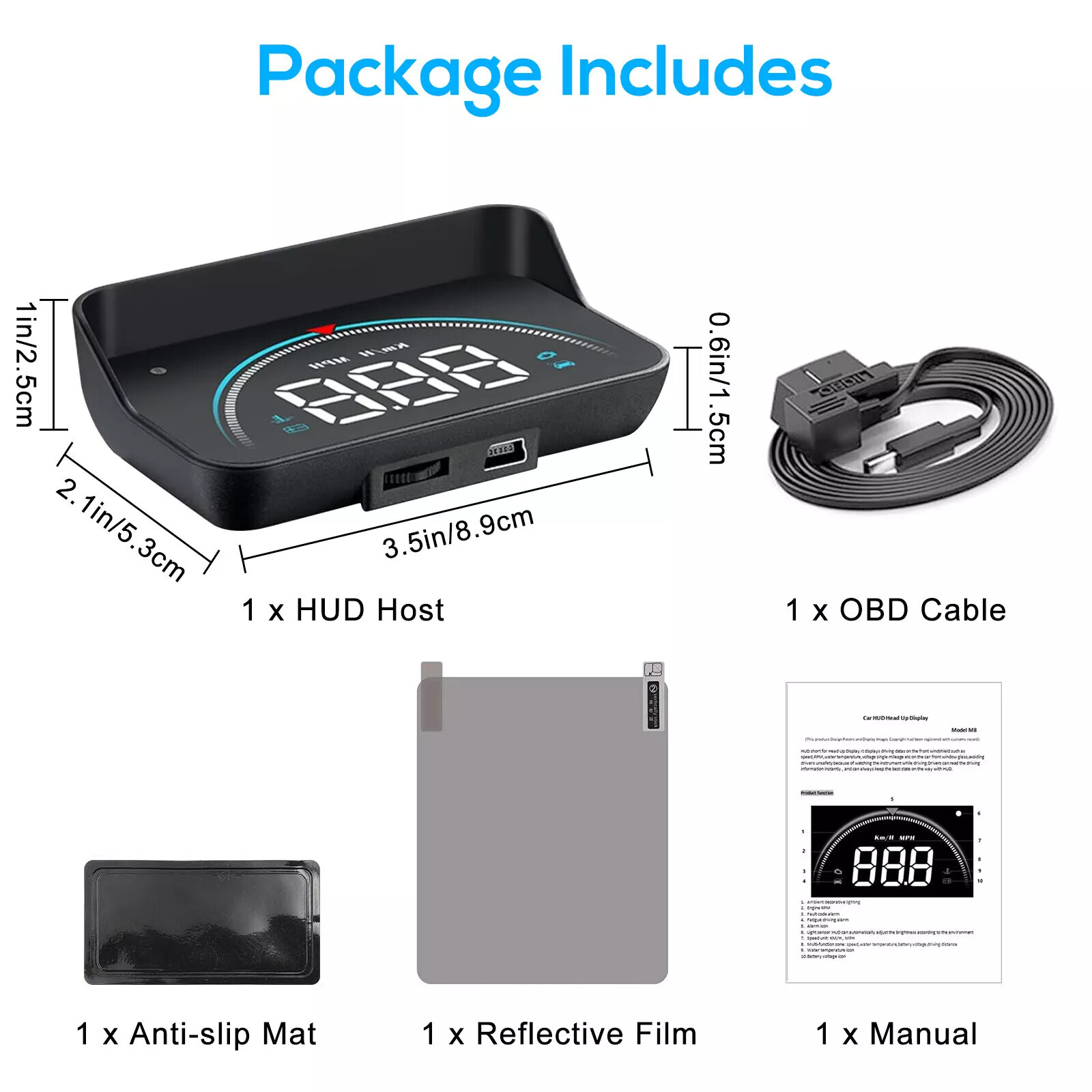 Car OBD2 HUD Head Up Display Digital Speedometer MPH KMH Compass Overspeed Alarm