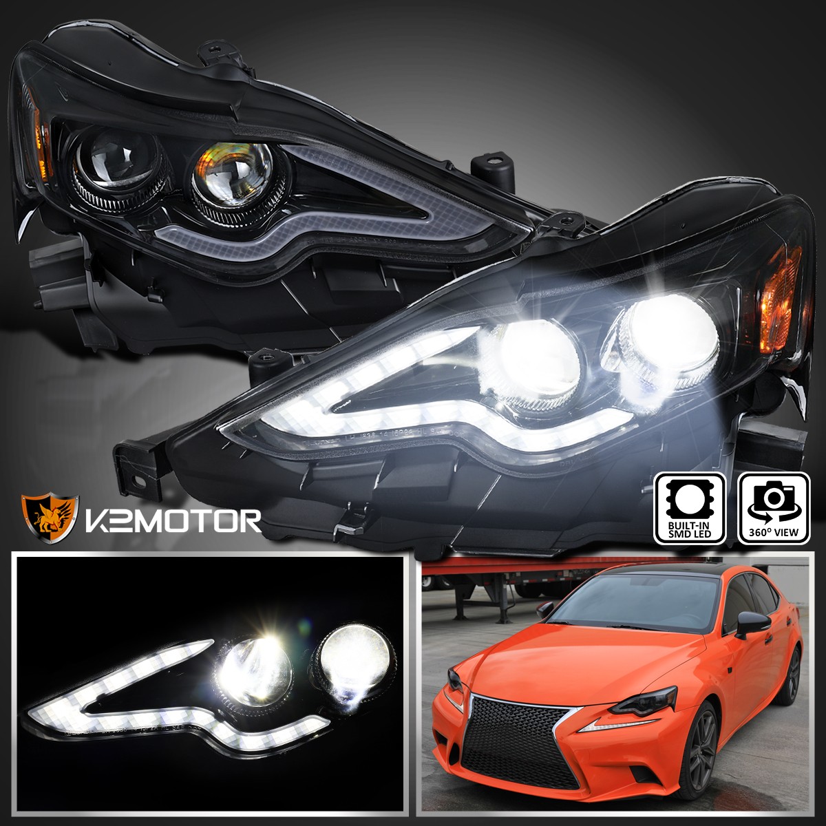 Jet Black Fits 2014-2016 Lexus IS250 IS350 Full LED Projector Headlights LH+RH