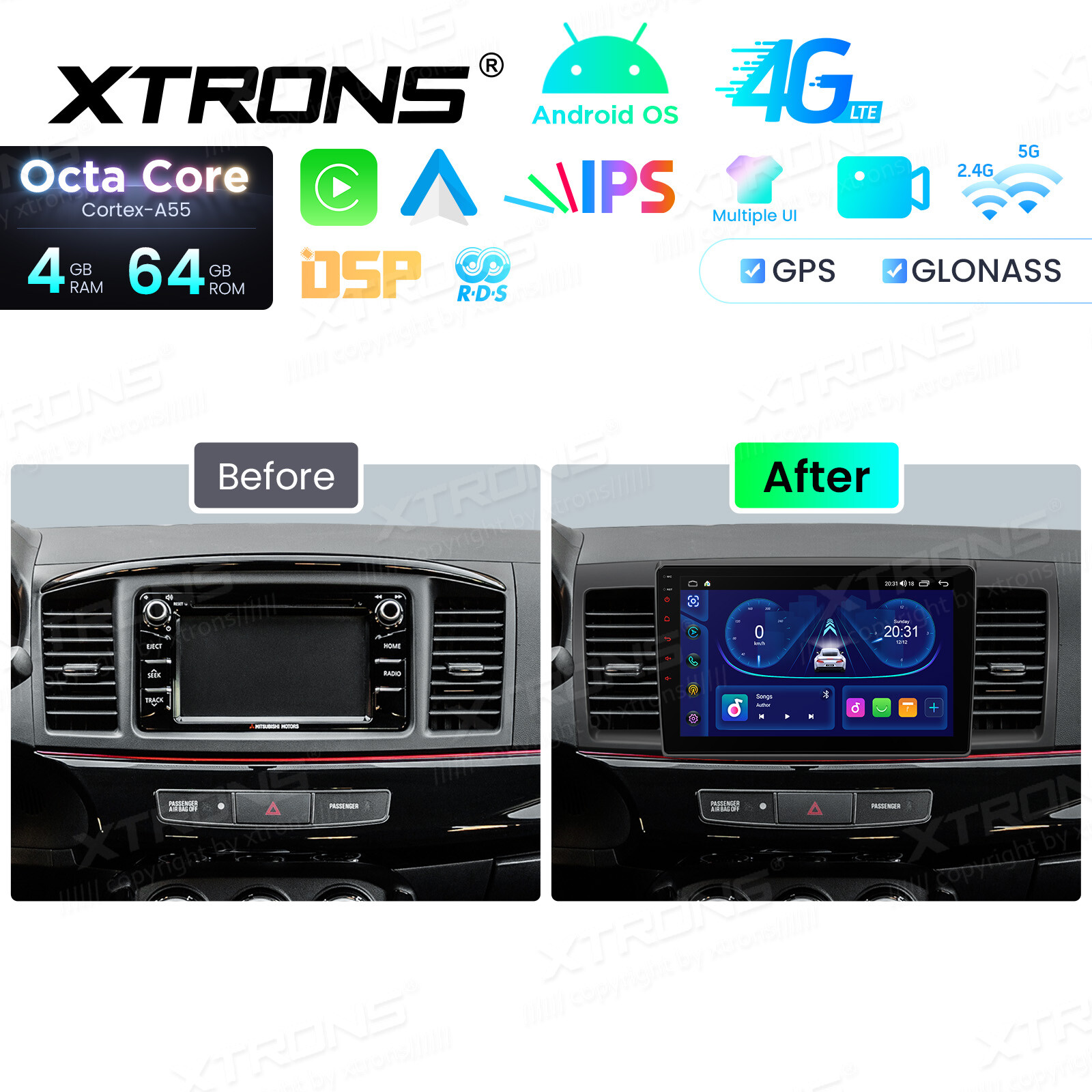 Wireless CarPlay Android Auto for Mitsubishi Lancer Stereo GPS 8-Core 4+64G 4G