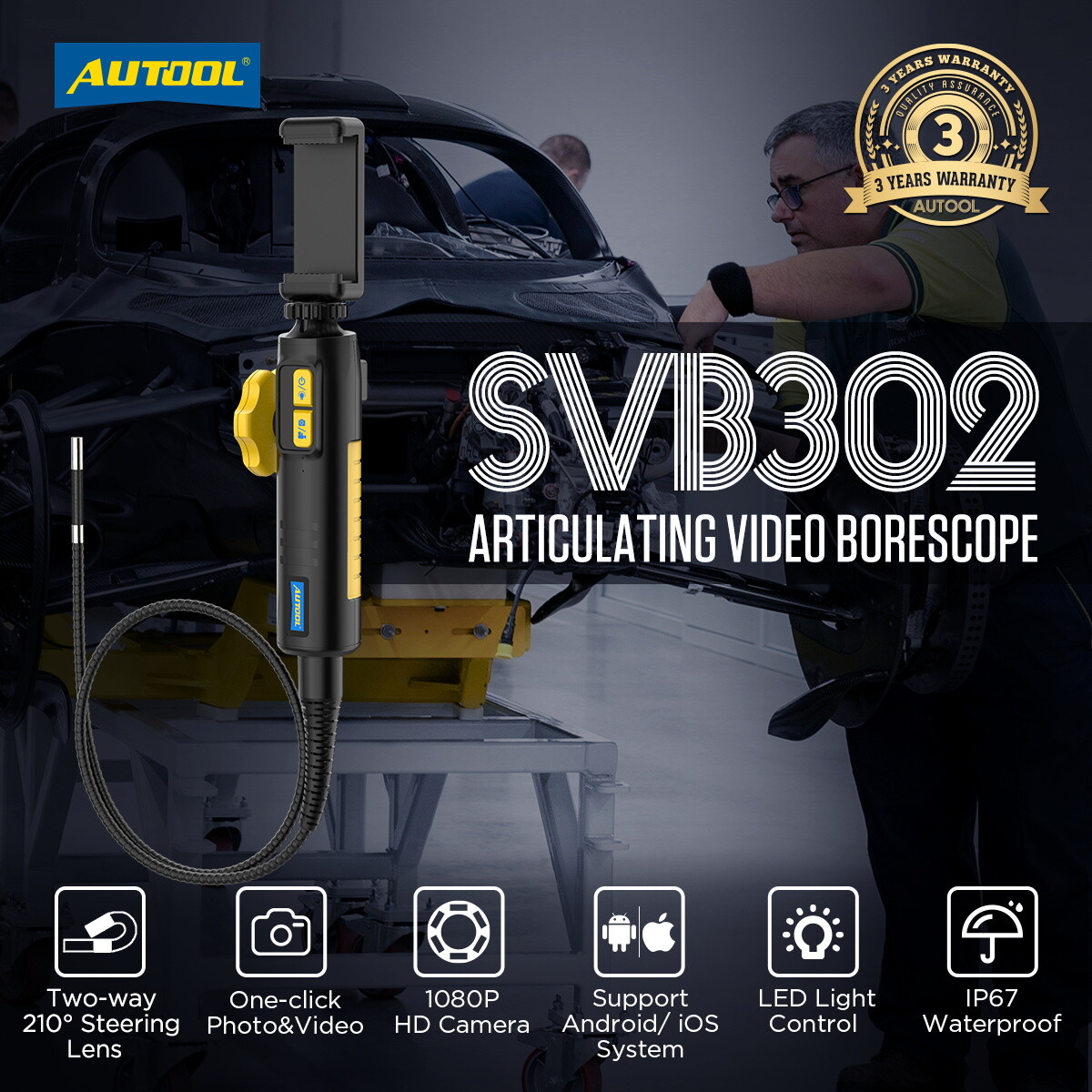 1080P HD Endoscope Inspection Camera 6.35mm Borescope 2-Way 210° for IOS Android