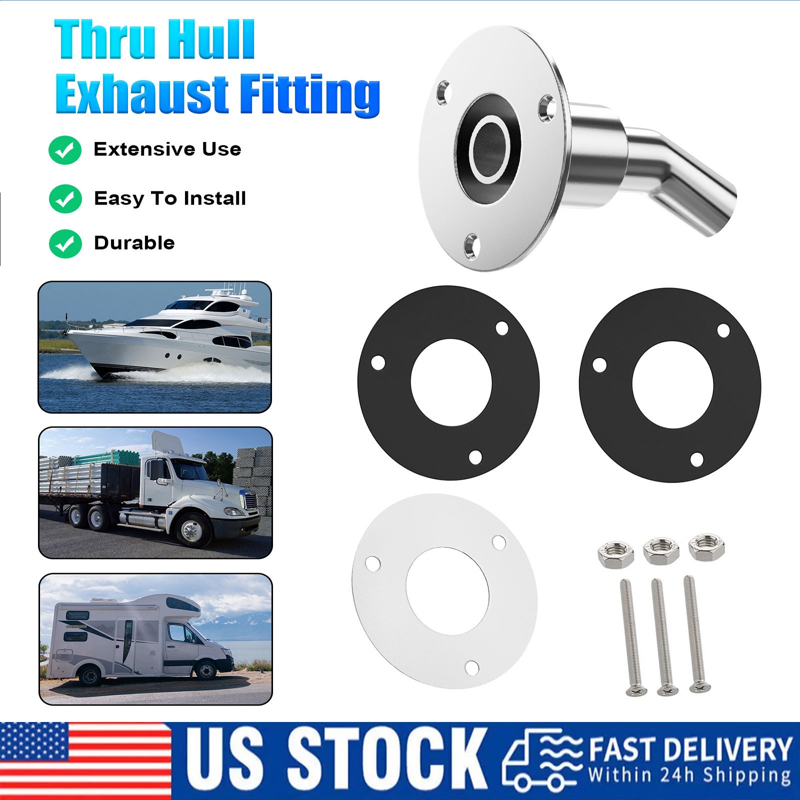 Stainless steel thru hull / exhaust skin fitting 24mm sim to Webasto Eberspacher