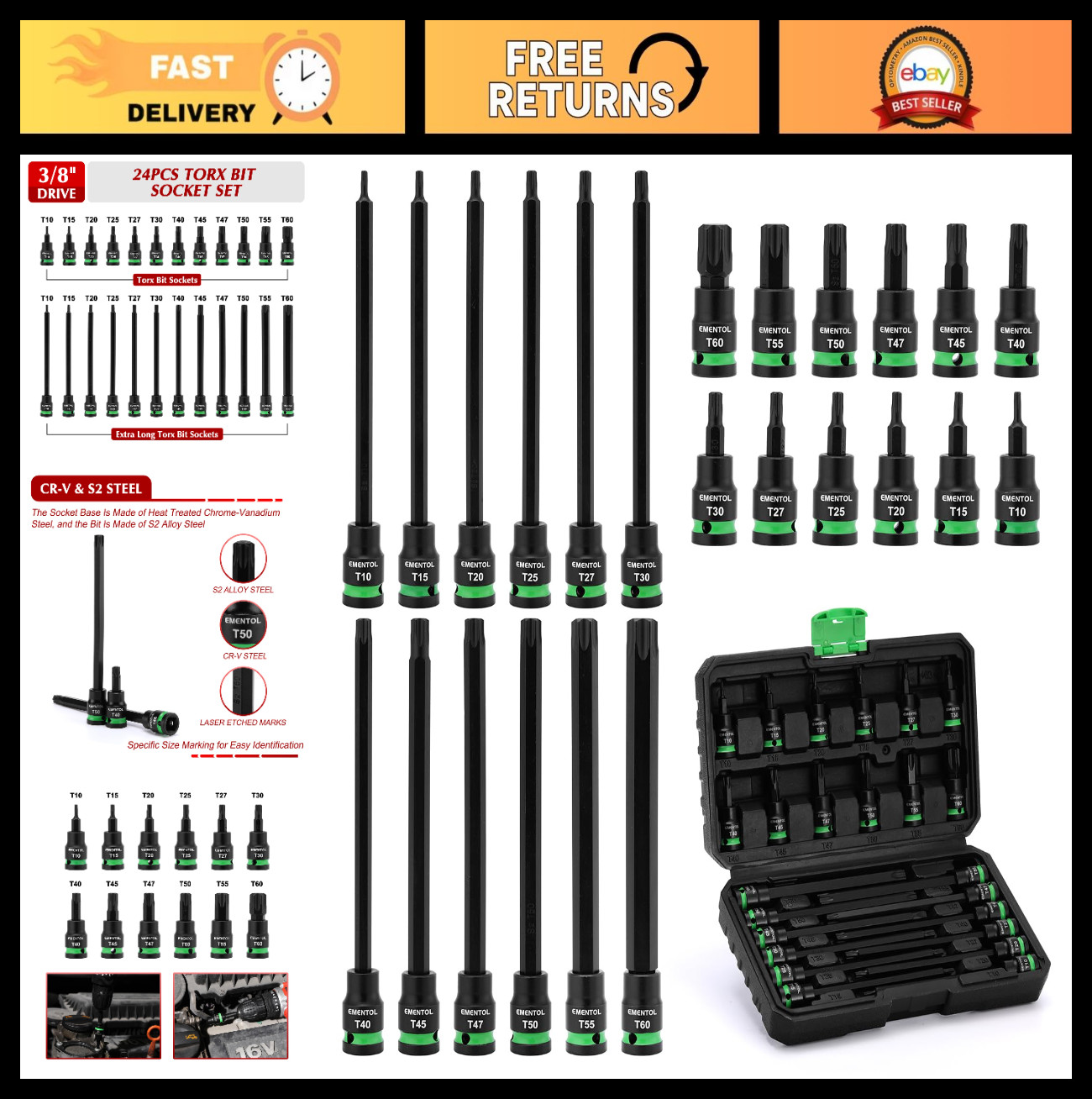 24PCS Extra Long Torx Bit Socket Set 3/8″ Drive T10-T60, Cr-V & S2 Steel