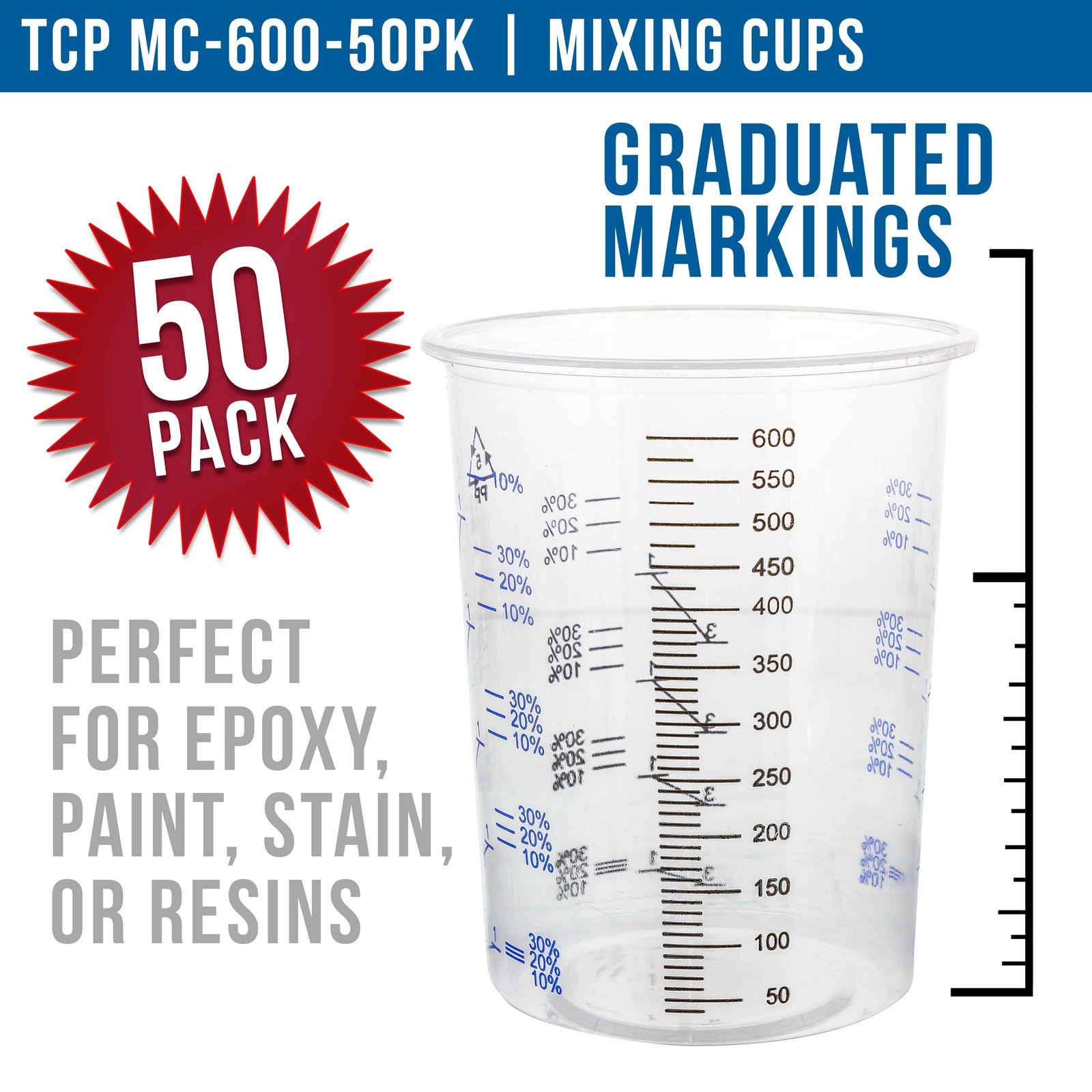 50 Pack, 20 oz (600ml) Disposable Flexible Clear Graduated Plastic Mixing Cups