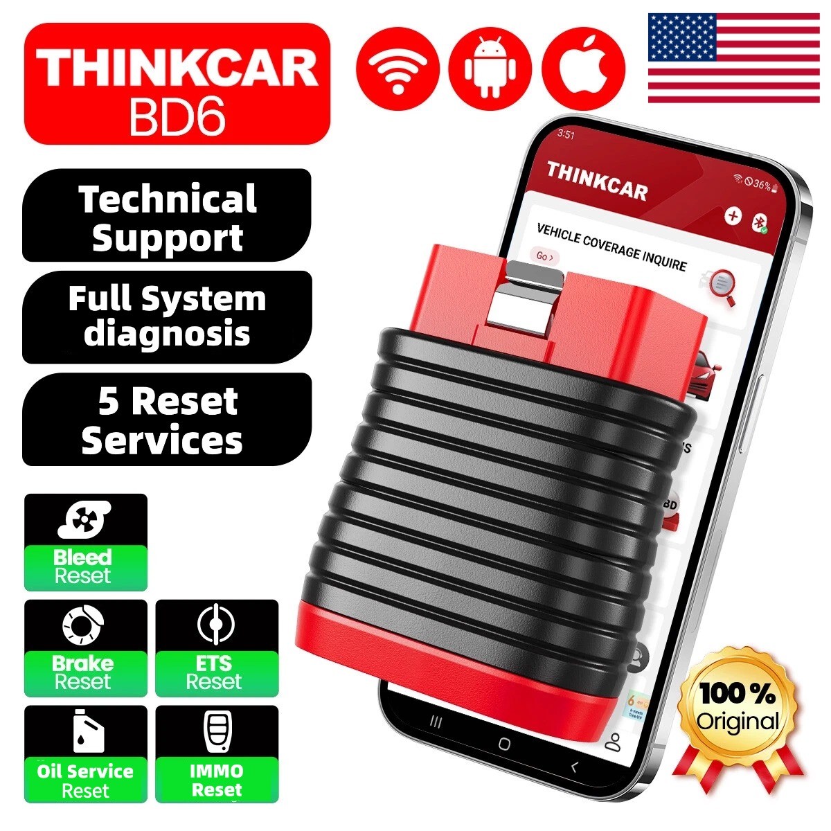 THINKCAR BD6 Car OBD2 Diagnostic Tool Bluetooth Full System Diagnostics 5 Reset
