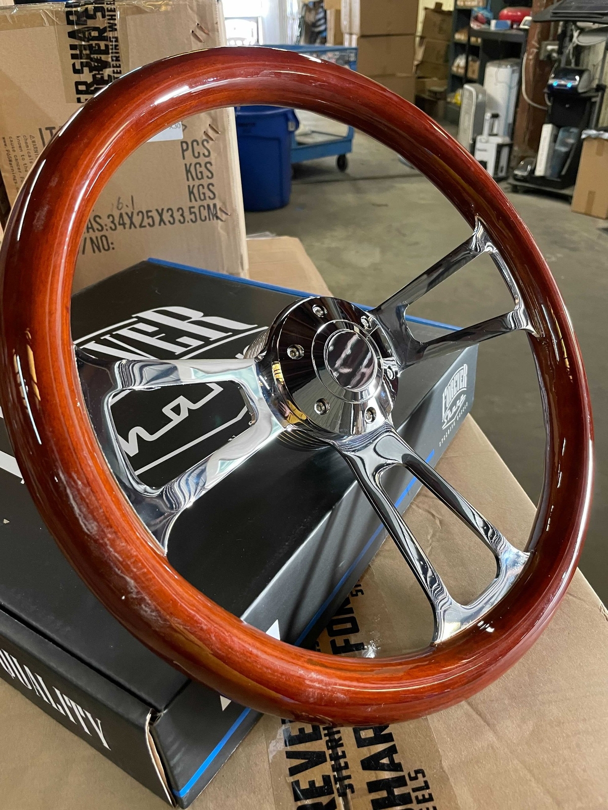 15 Inch Chrome Aftermarket Steering with Dark Wood Mahogany Grip 3-Spoke