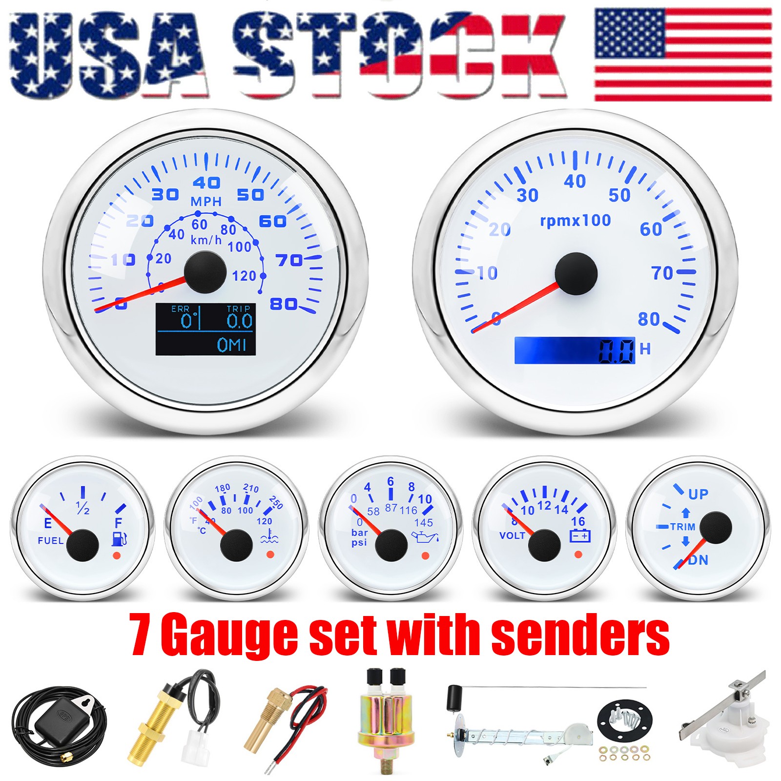 7 Gauge Set 85mm Boat GPS Speedometer 80MPH 120km/h Tachometer 8000RPM Gauge US