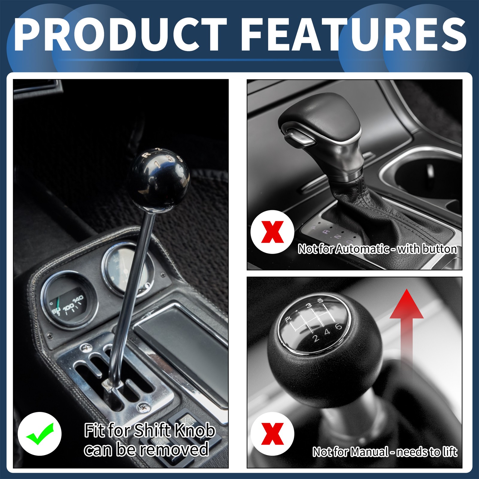 9.5cm Automatic Manual Shift Knob with 3 Adapter Aluminum Alloy Gold Tone 1 Set