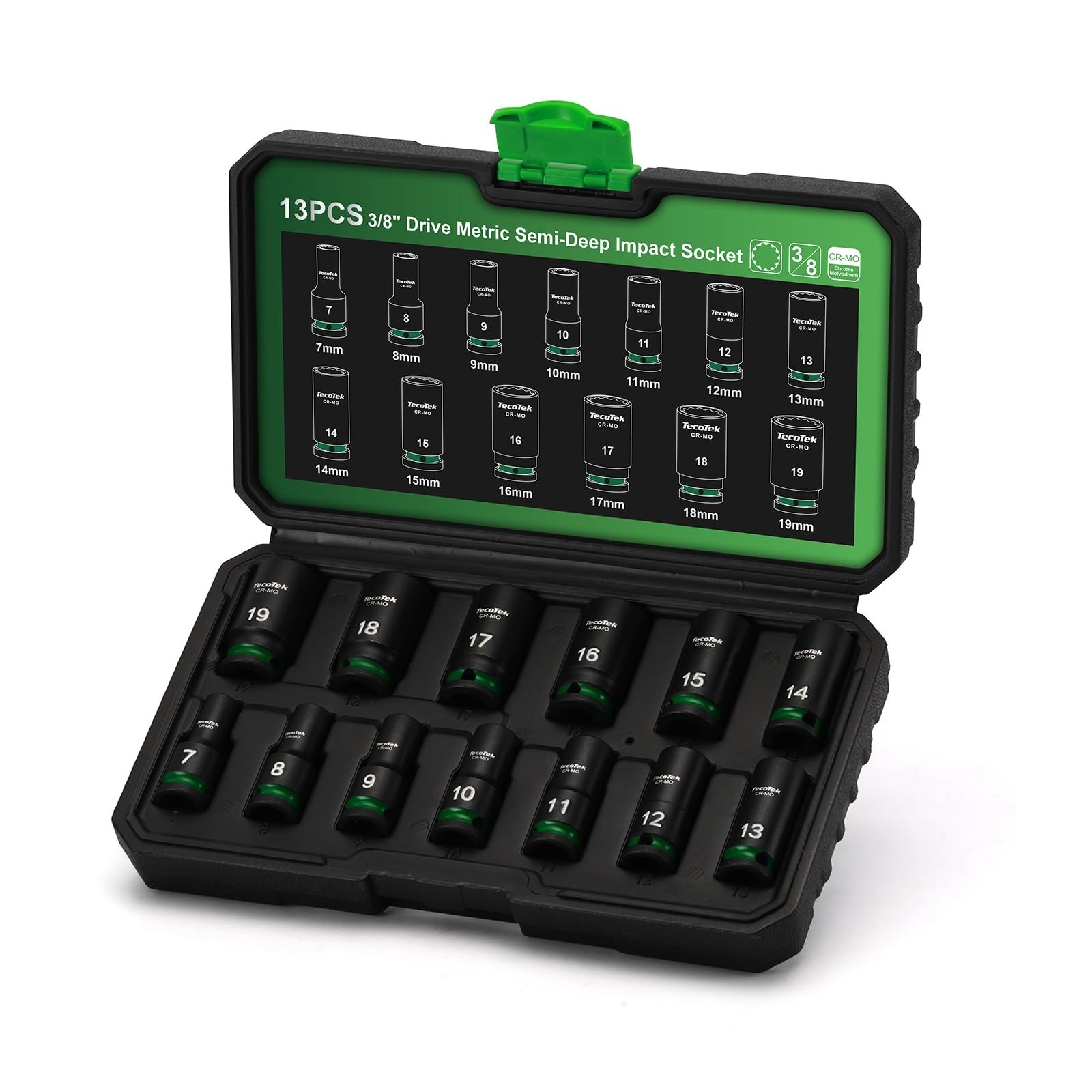 12-Point Metric Semi-Deep Impact Socket Set, 3/8″ Drive, 7mm-19mm, 13-Piece CR-M