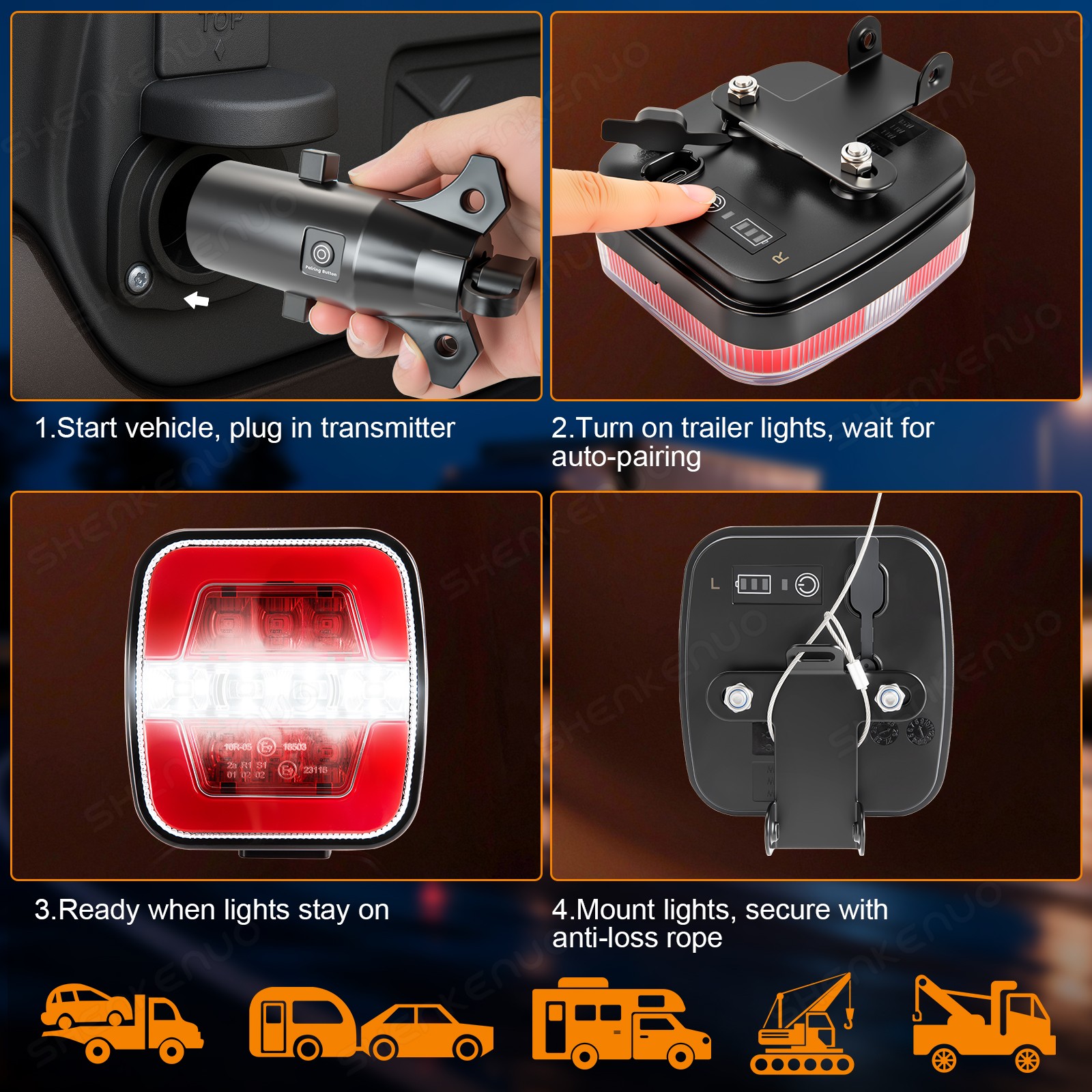 USB-C Wireless Trailer Lights Kit with Reverse, IP67 Waterproof Magnetic LED