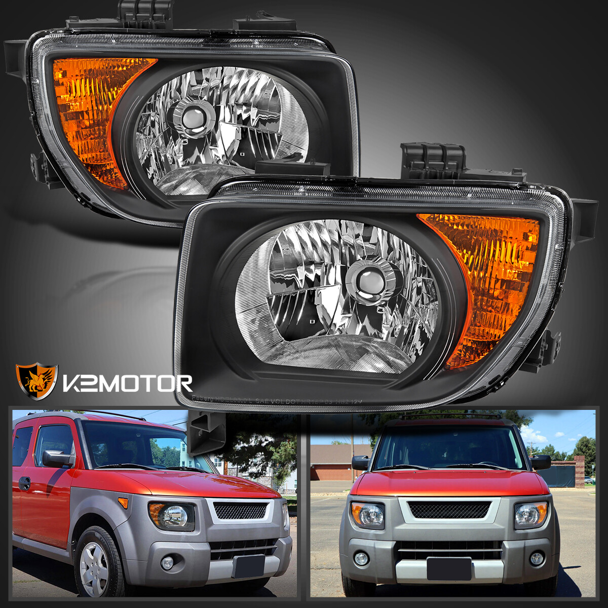Fits 2003-2008 Honda Element Black Headlights Assembly Lamps Left+Right 03-08