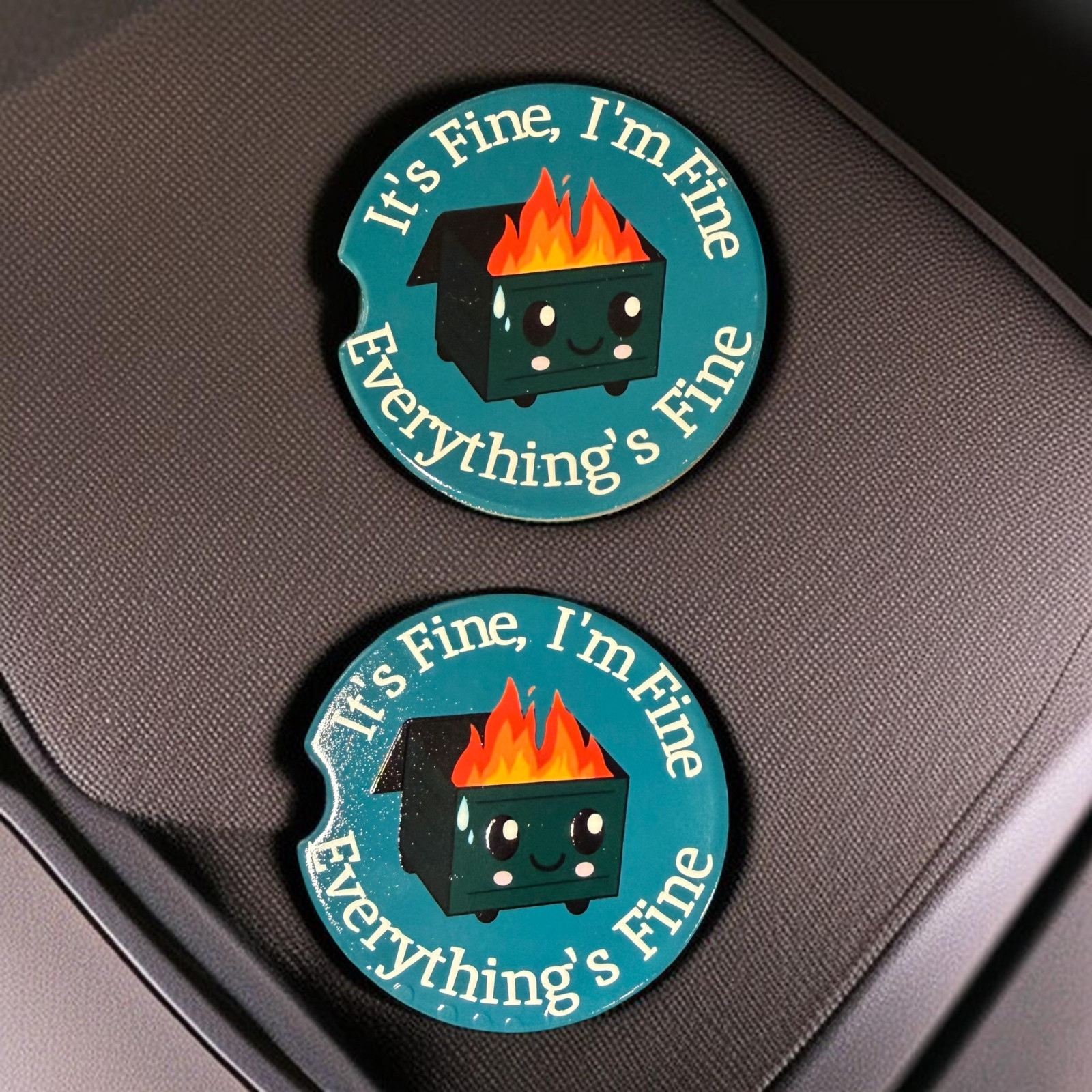 Funny I’m Fine Trash Bin Custom Ceramic Car Coasters, Set (2) Absorbent 2.60″