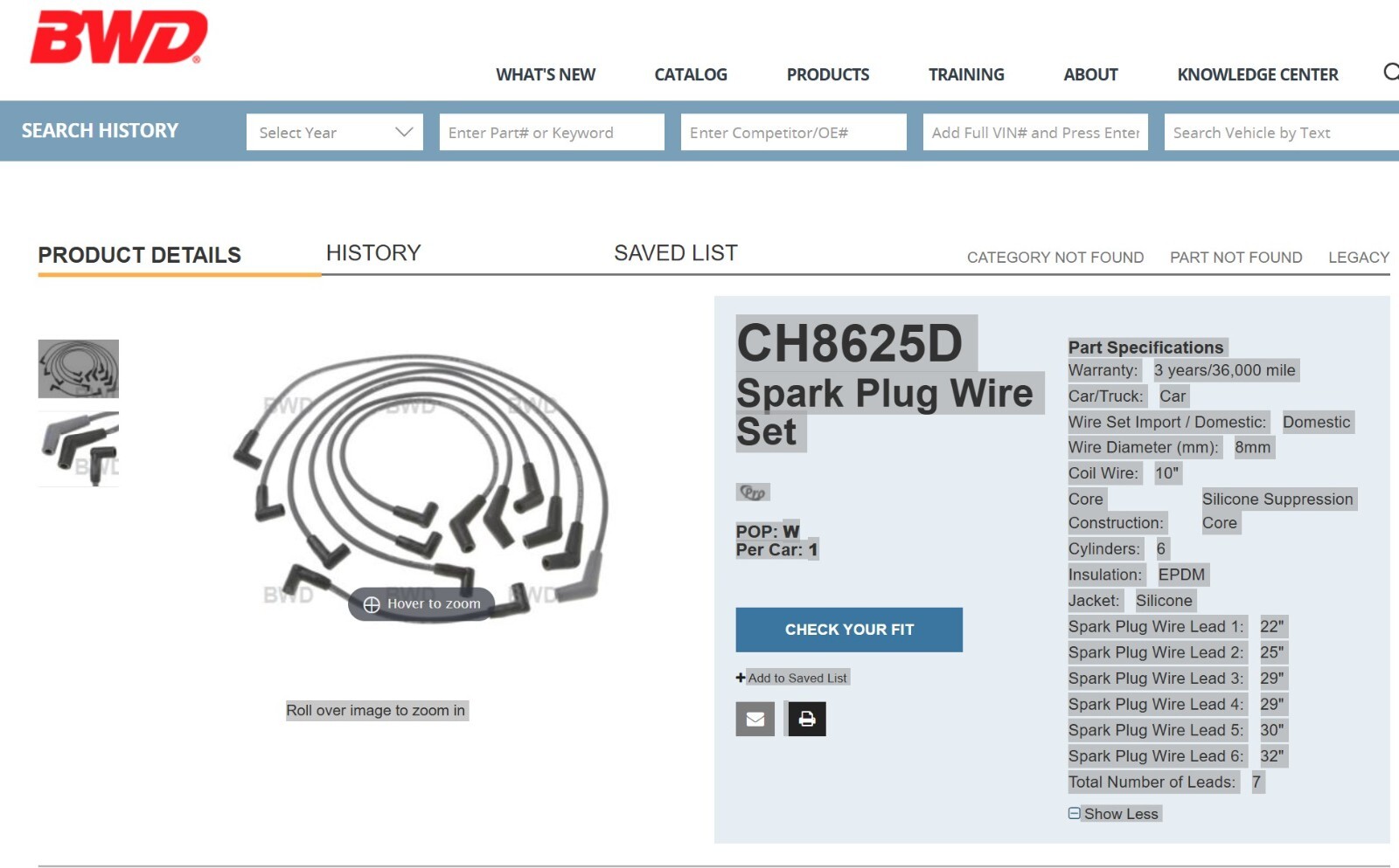 BWD CH8625SP Ignition Spark Plug Wire Set