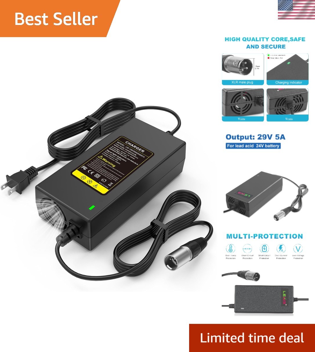 24V 5A Portable Charger with Male 3-Pin XLR Connector for Power Chairs
