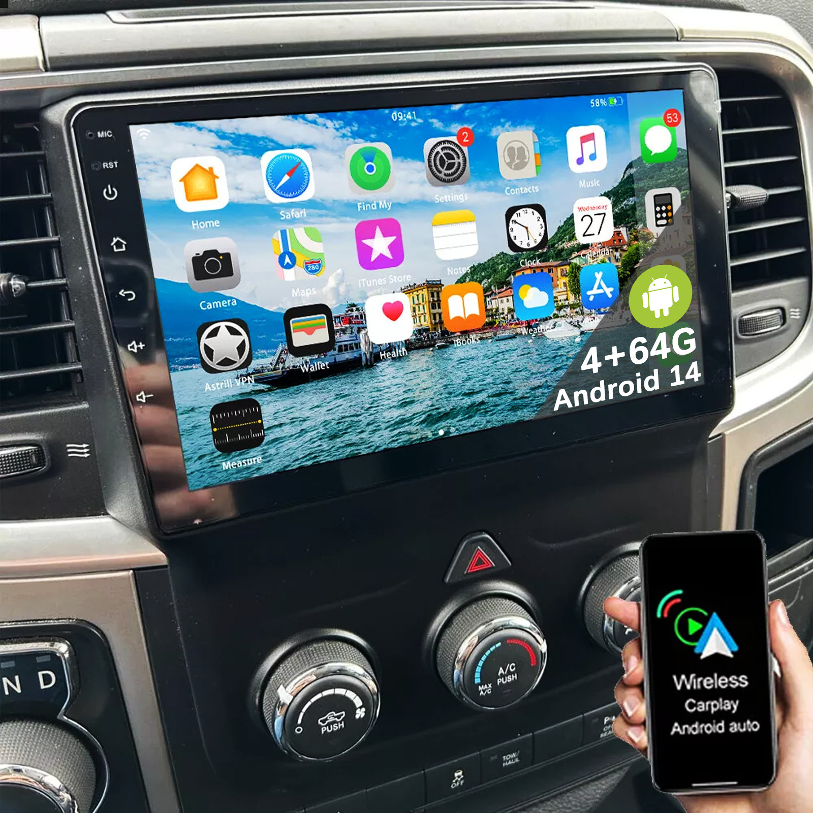 For 2014-18 Dodge Ram 1500 2500 3500 Android 14 Carplay Car Stereo Radio GPS 64G