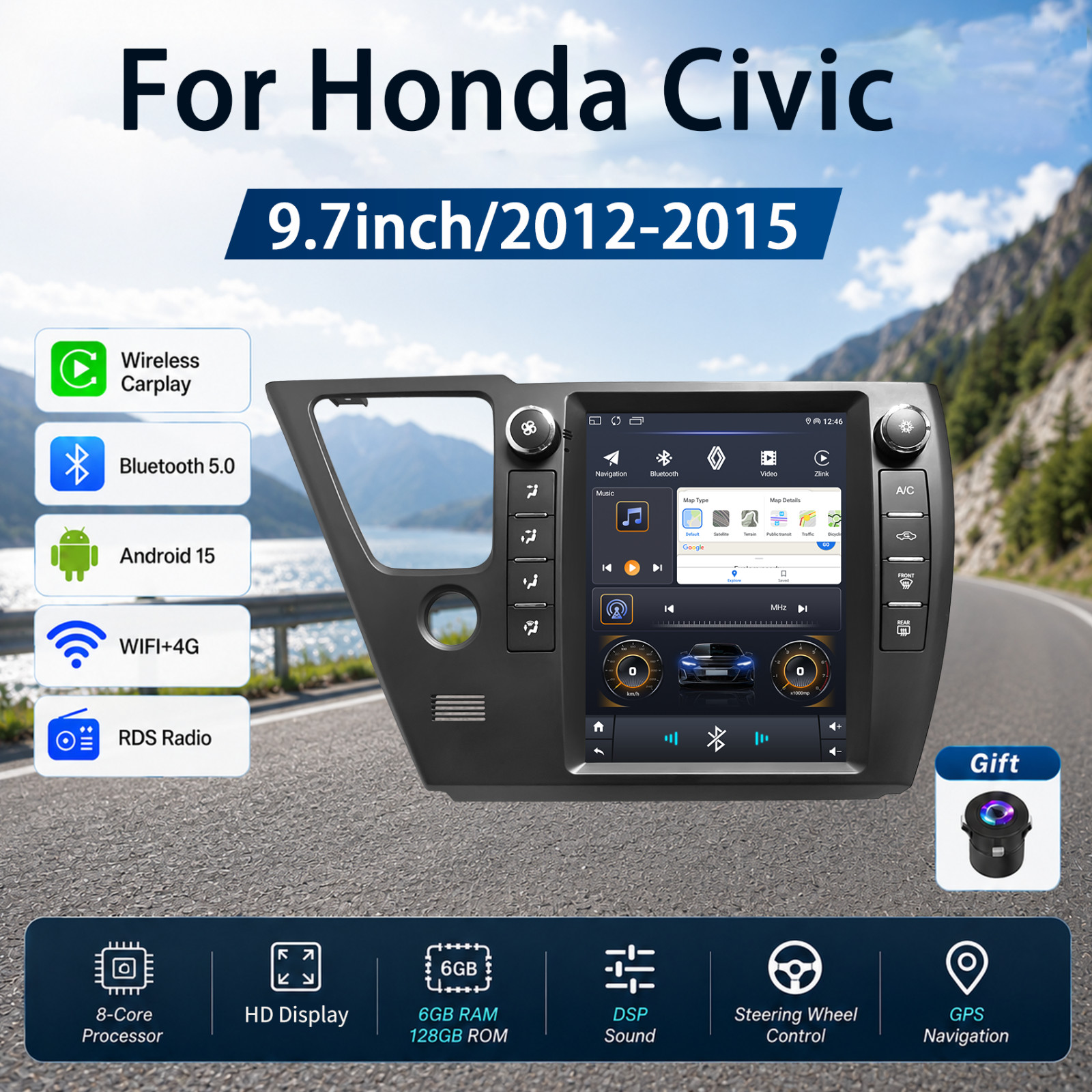 For 2012-2015 Honda Civic Android 14.0 Car Stereo Radio Apple Carplay GPS Player