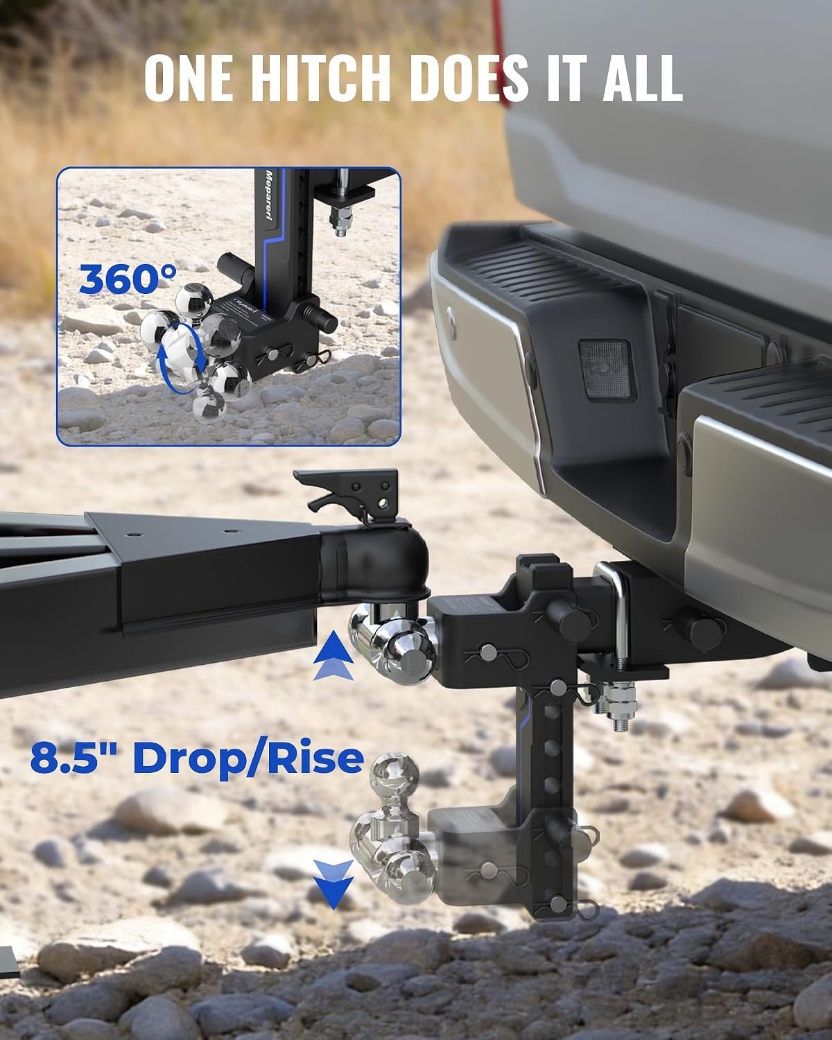 2.5″ Receiver 8.5″ Drop Trailer Hitch Tow Hitch Tri Ball 18000lb Stowable Design