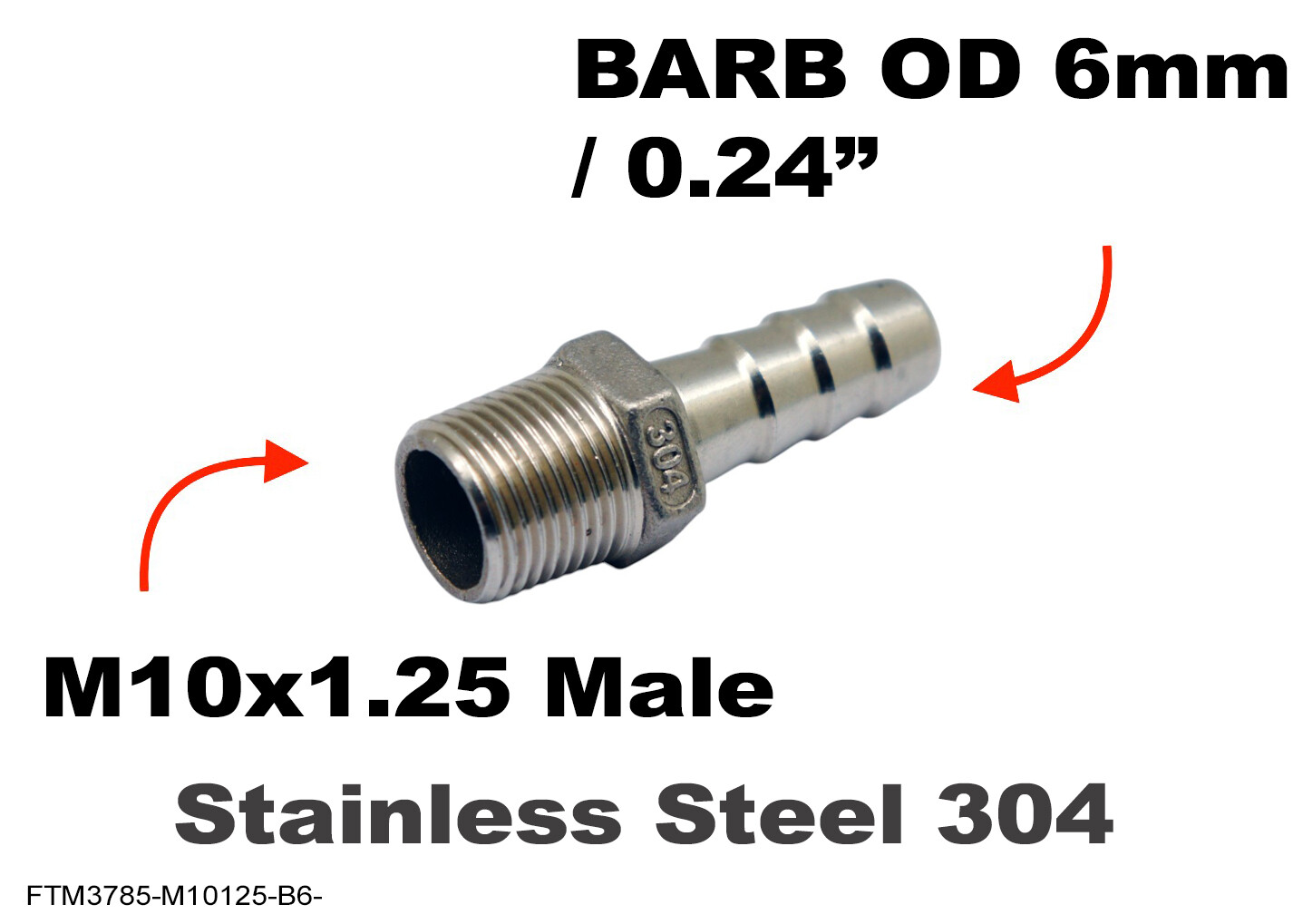 M10x1.25 Male to BARB OD 6mm / 0.24″ Stainless Tail Adaptor Hose Connector