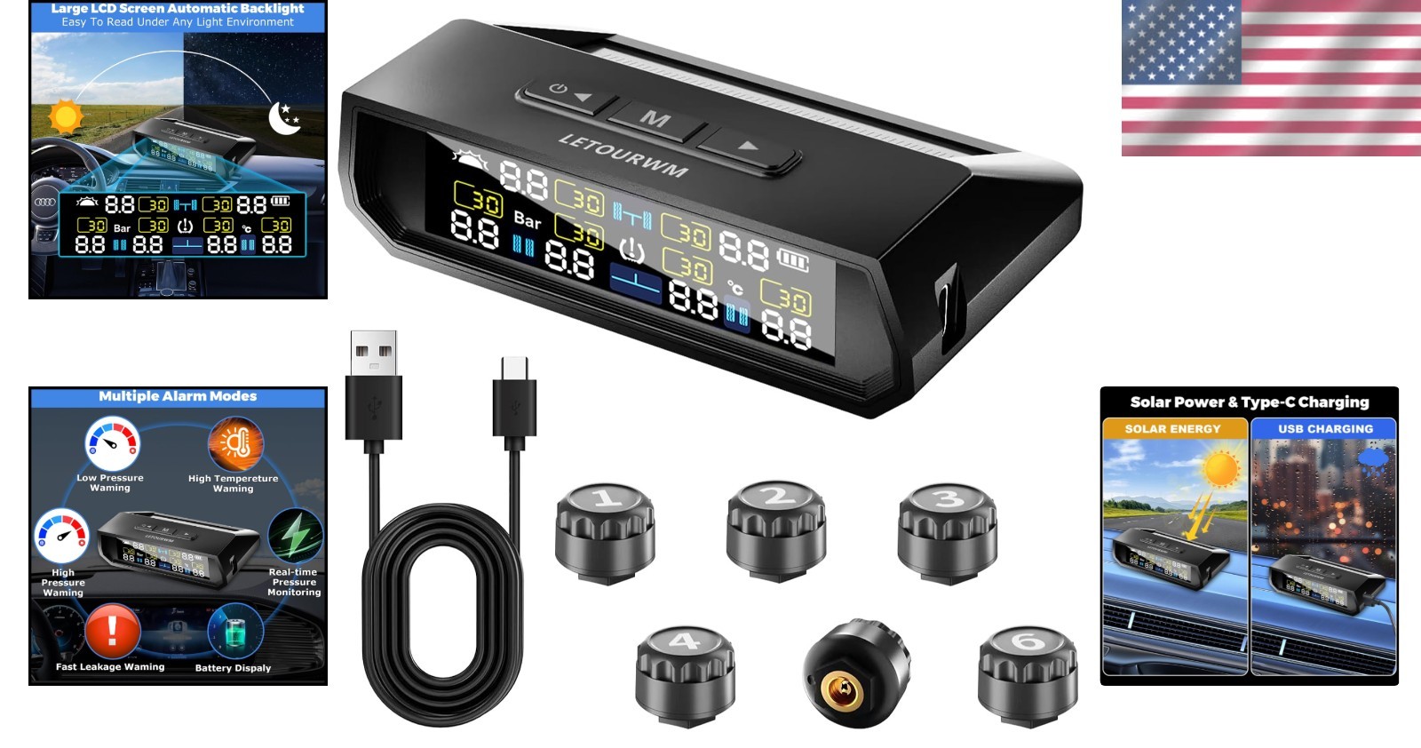 Upgrade RV TPMS 6 Sensors, Solar Charge, USB-C, Color LCD, 0-144PSI, Safe Drive