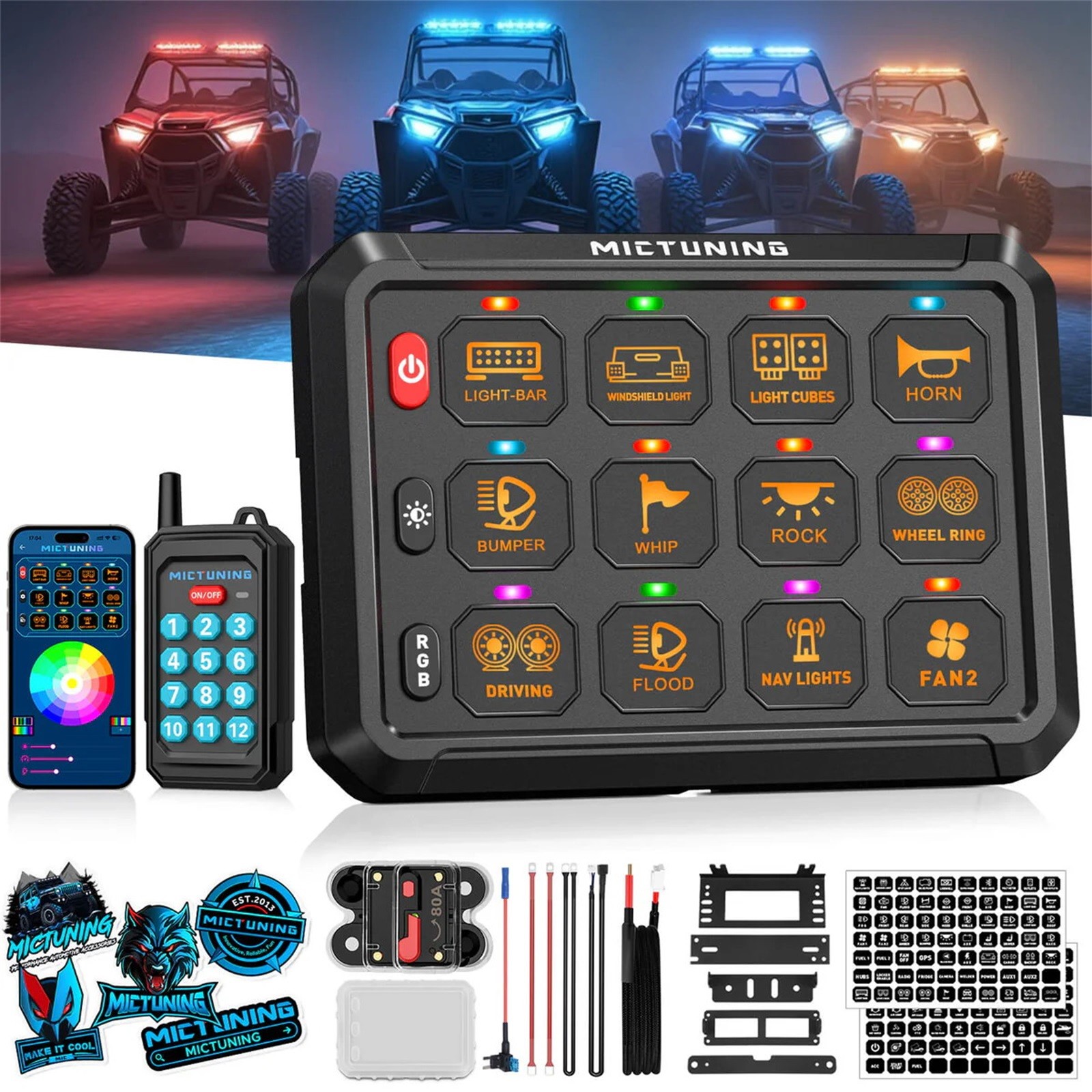 P1Y 12 Gang RGB Switch Panel Flash Strobe Switch Kit Remote/Wireless App Control