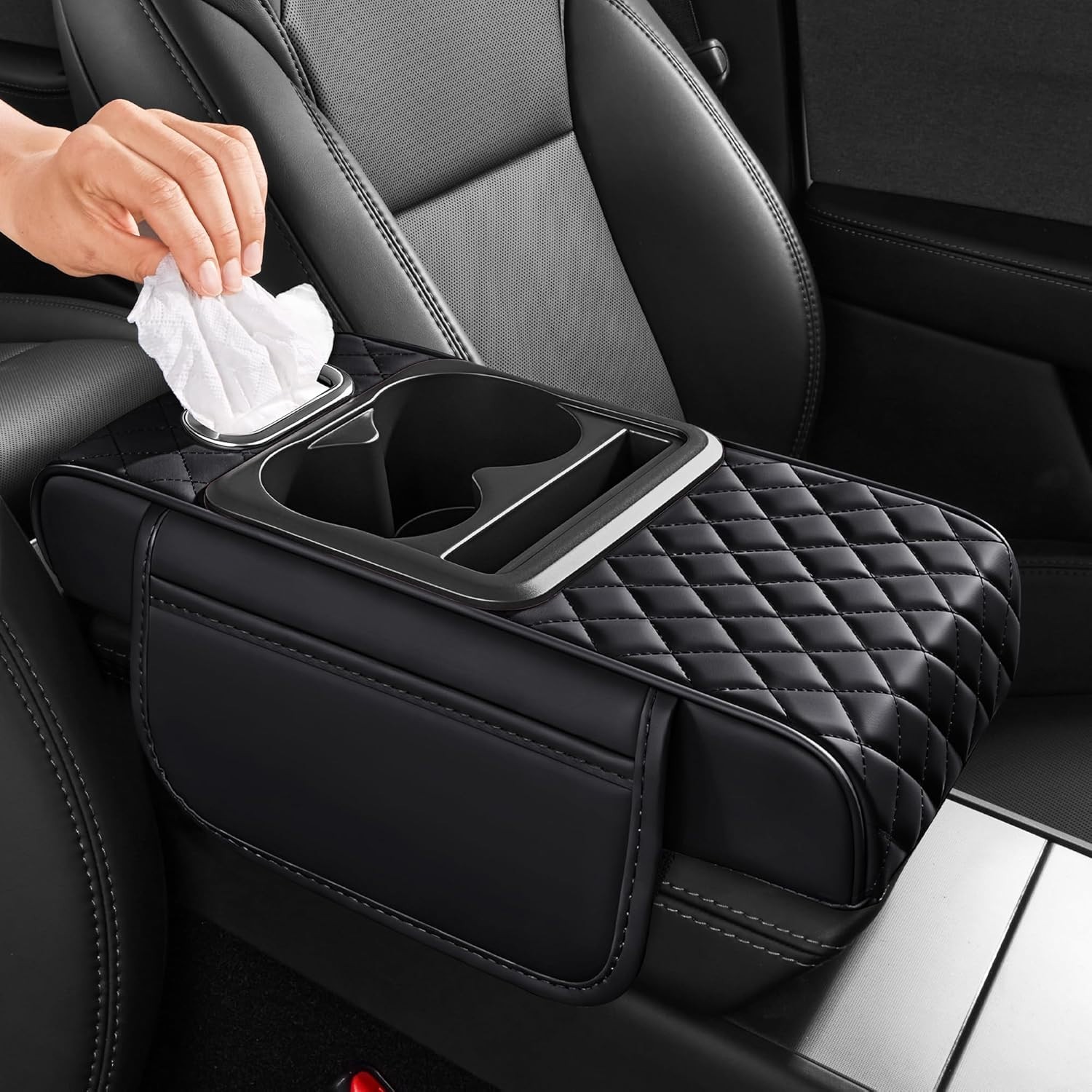 5 in 1 Nappa Leather Console Armrest Cover, Black | Built-in cup holder, tiss…