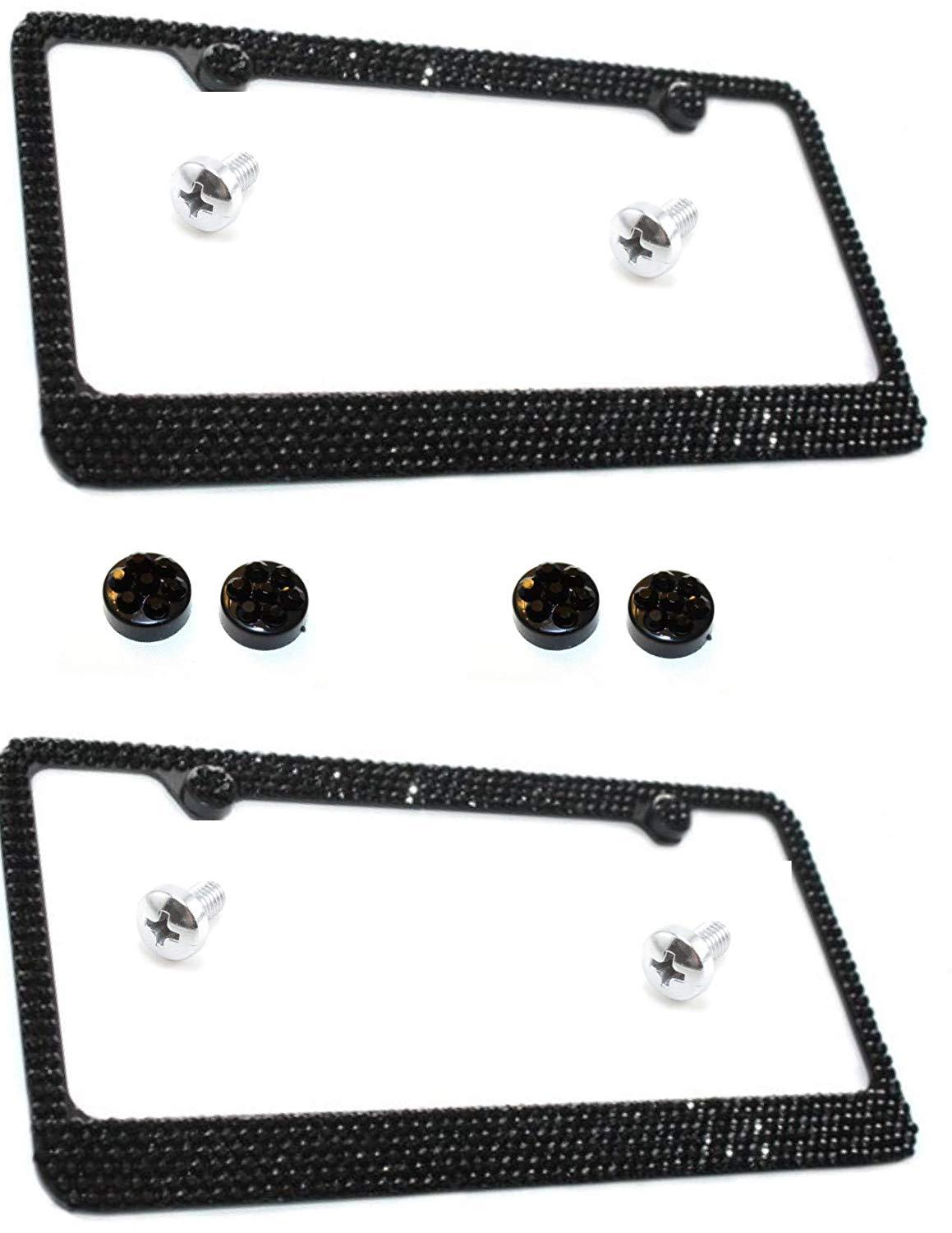 License Plate Frames BLACK Rhinestone Shiny on Stainless Set of 2 Front/Rear