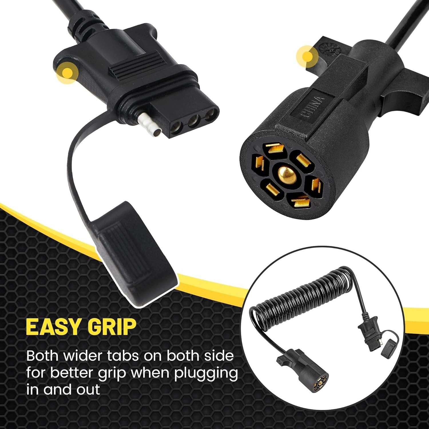 7 Way Round to 5 Way Flat Coiled Trailer Adapter w/ Trailer Clip (6′) UV Coating