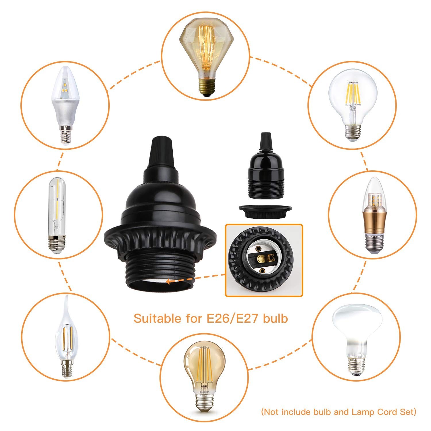 8 Pack E26 E27 Light Sockets – Black Screw Base, Retro Edison Lamp Holder, DIY P