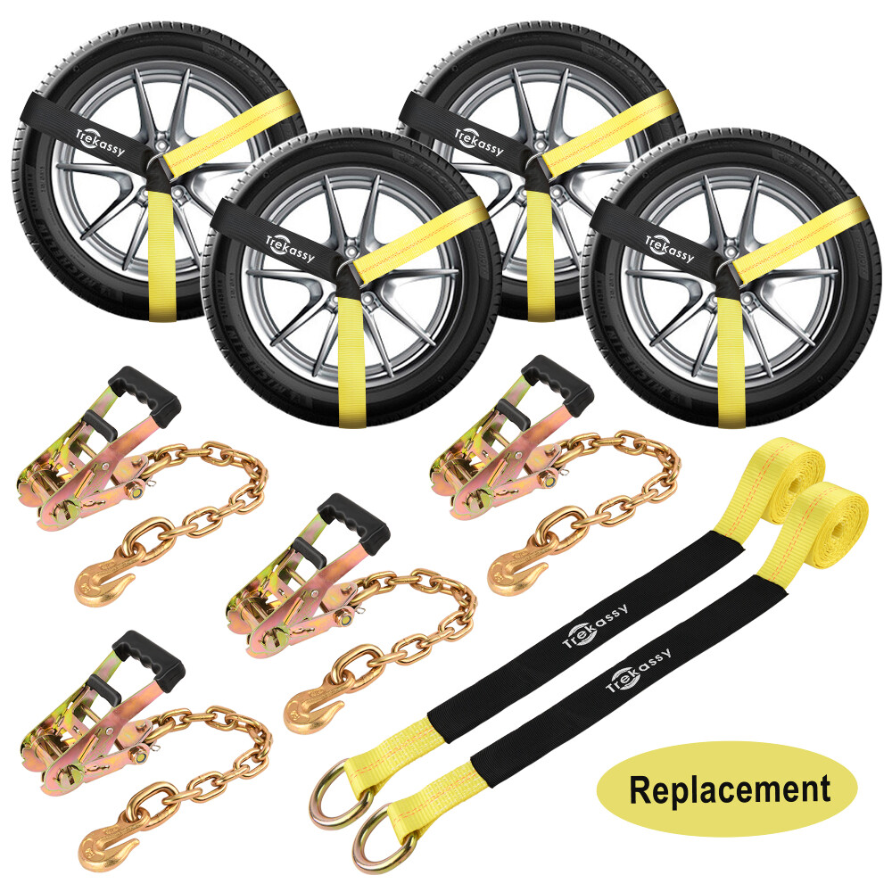 10 Pack Tire Straps Lasso Car Trailers Ratchet Tie Down Strap with Chain Anchors