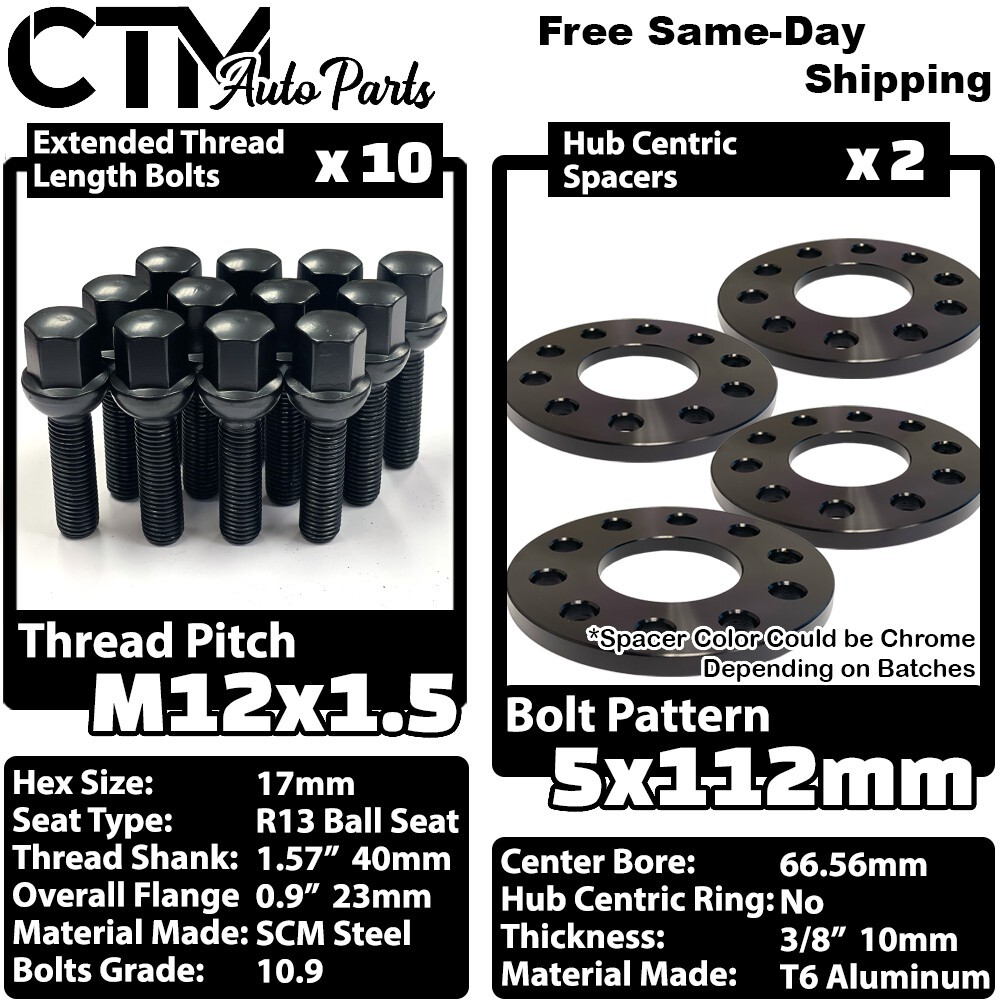 2x 10mm Thick 5×112 66.56mm CB Wheel Spacer w/o Hub Lip M12 Black Bolt Mercedes