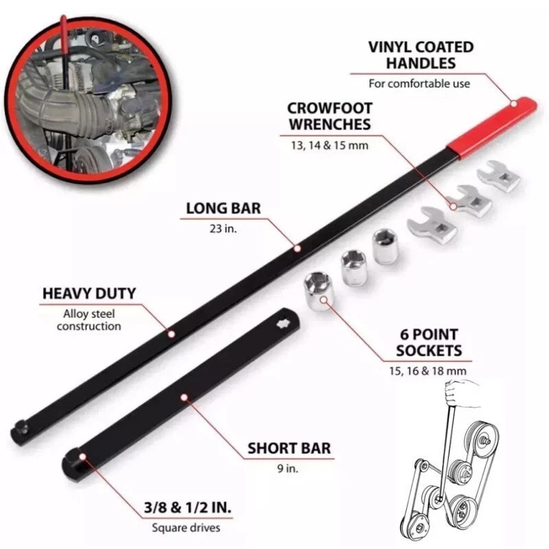 Serpentine Belt Tool Kit,Universal 3/8″ 1/2″ Drive Serpentine Belt Adjust Tighte