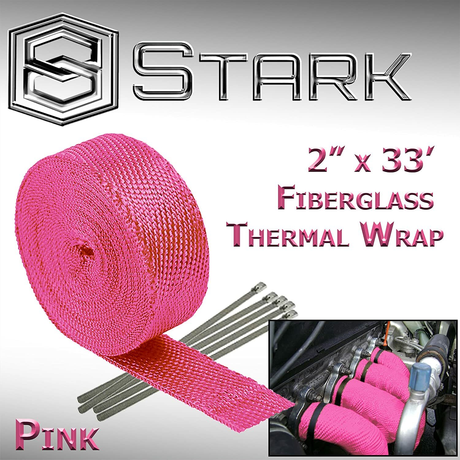 2″ x 33′ In Ft Fiberglass Manifold Header Exhaust Heat Tape Wrap Ties PINK