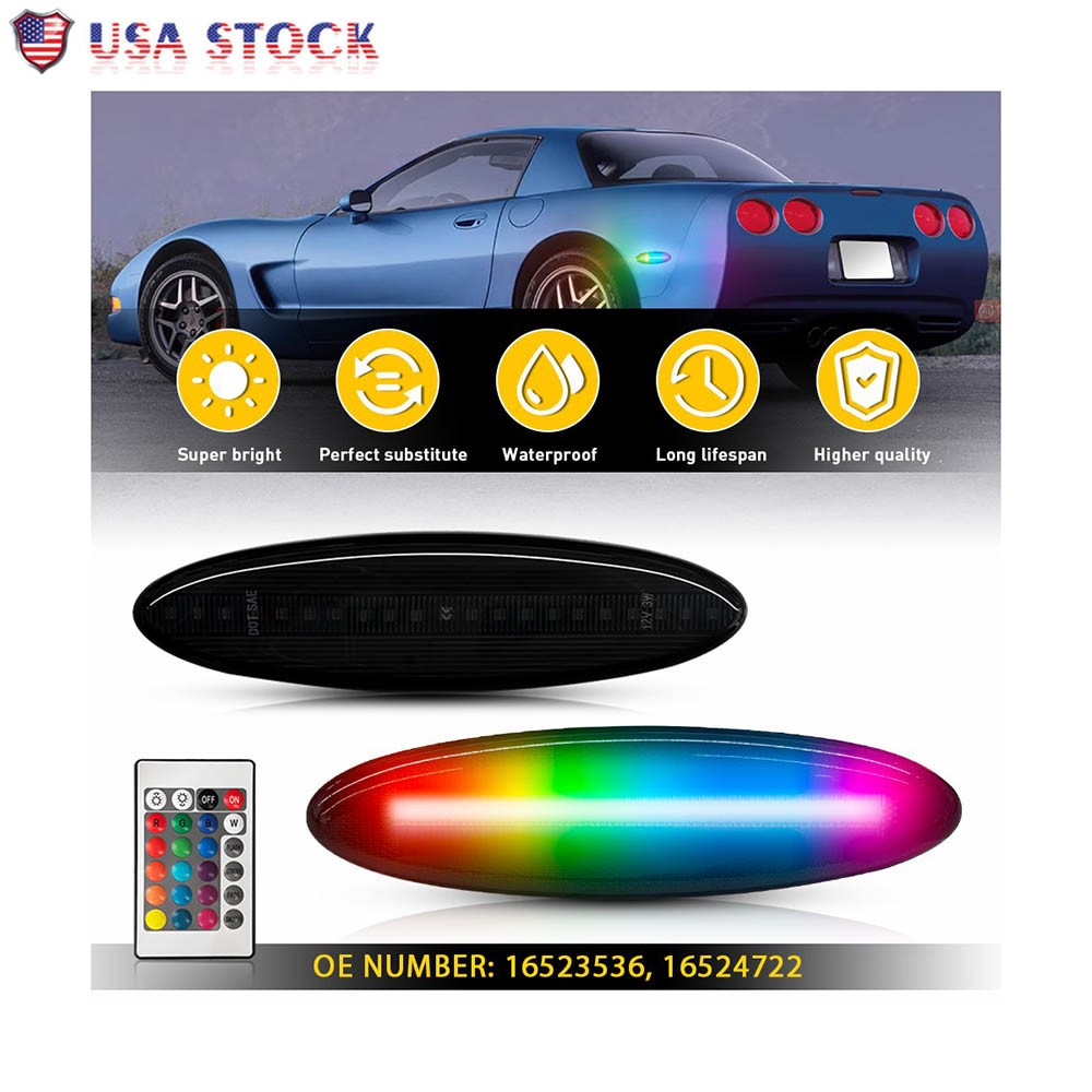 2X RGB LED Side Marker Lights Rear Bumper Smoked For 1997-2004 Chevy Corvette C5