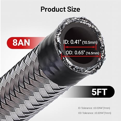 8AN Fuel Line 5FT Braided Nylon CPE Rubber Stainless Steel Fuel Hose Silver