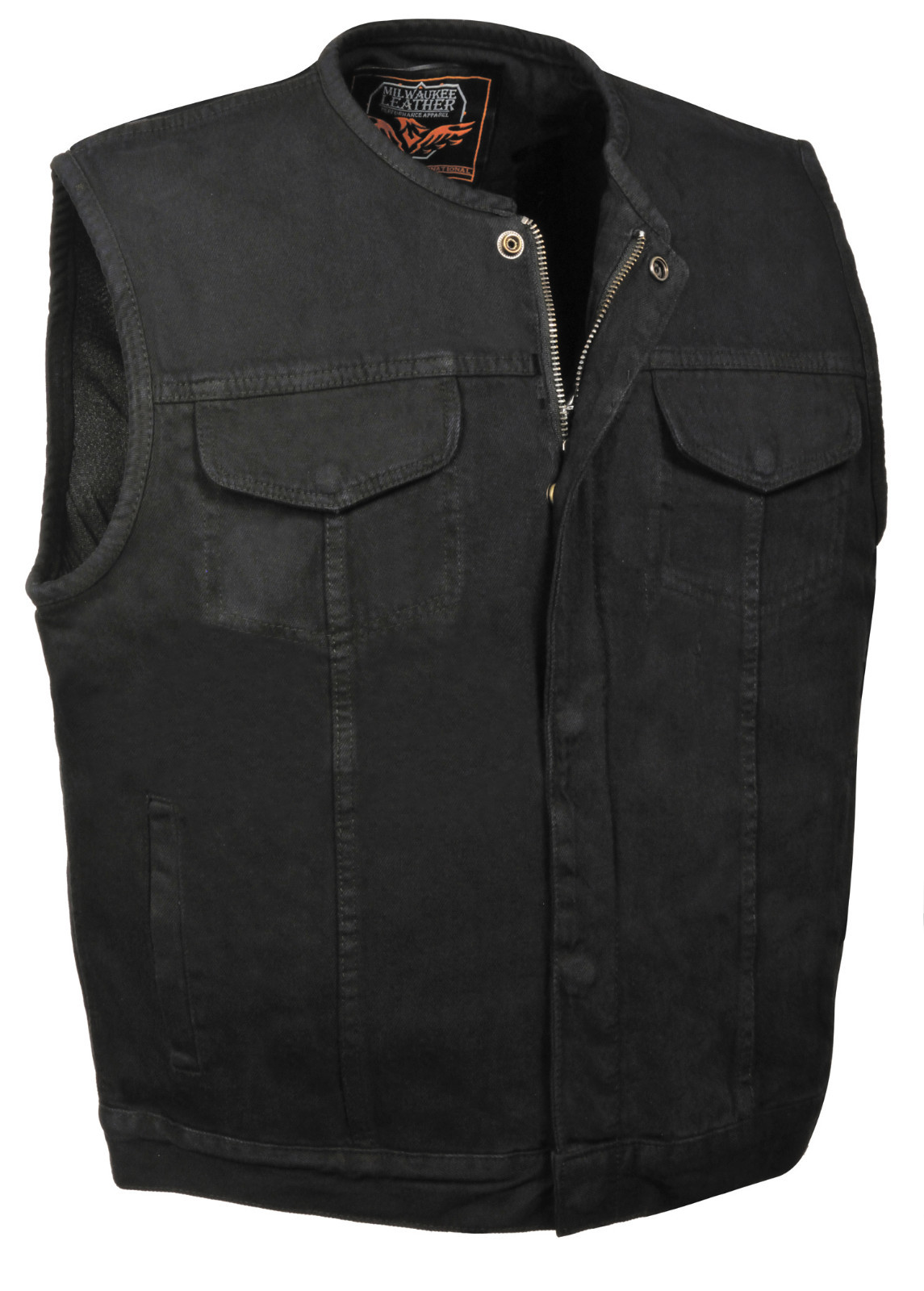 Mens SOA Black Collarless Denim Club Cut Vest – Gun Pocket, Snap/ Zip Closure